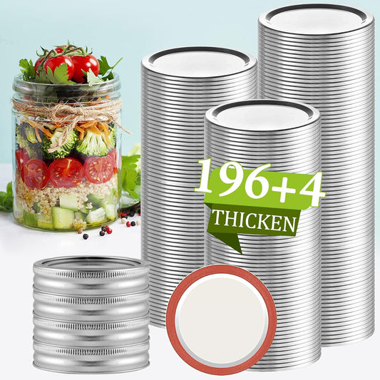 Aliggbent Canning Lids 200 PCS Mason Canning Jar Lids 70MM Regular Mouth Reusable Leak Proof Split Type Lids Food Grade and Anti-Rust Silver Jar Secure Caps and Bands with Silicone Seals Ring