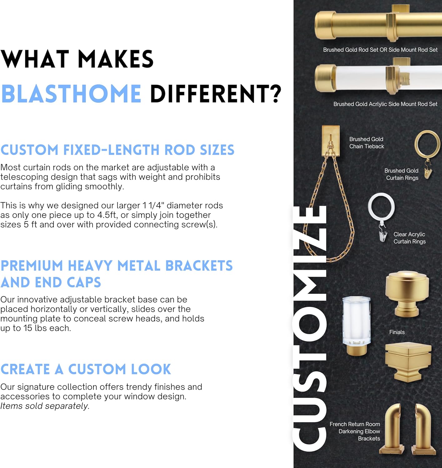 BlastHome® Non-Adjustable Luxury Curtain Rods for Windows, 1 ¼” Rod Set, 10 foot Fixed Length (Three Rods Connect for a Seamless Look), Brushed Gold