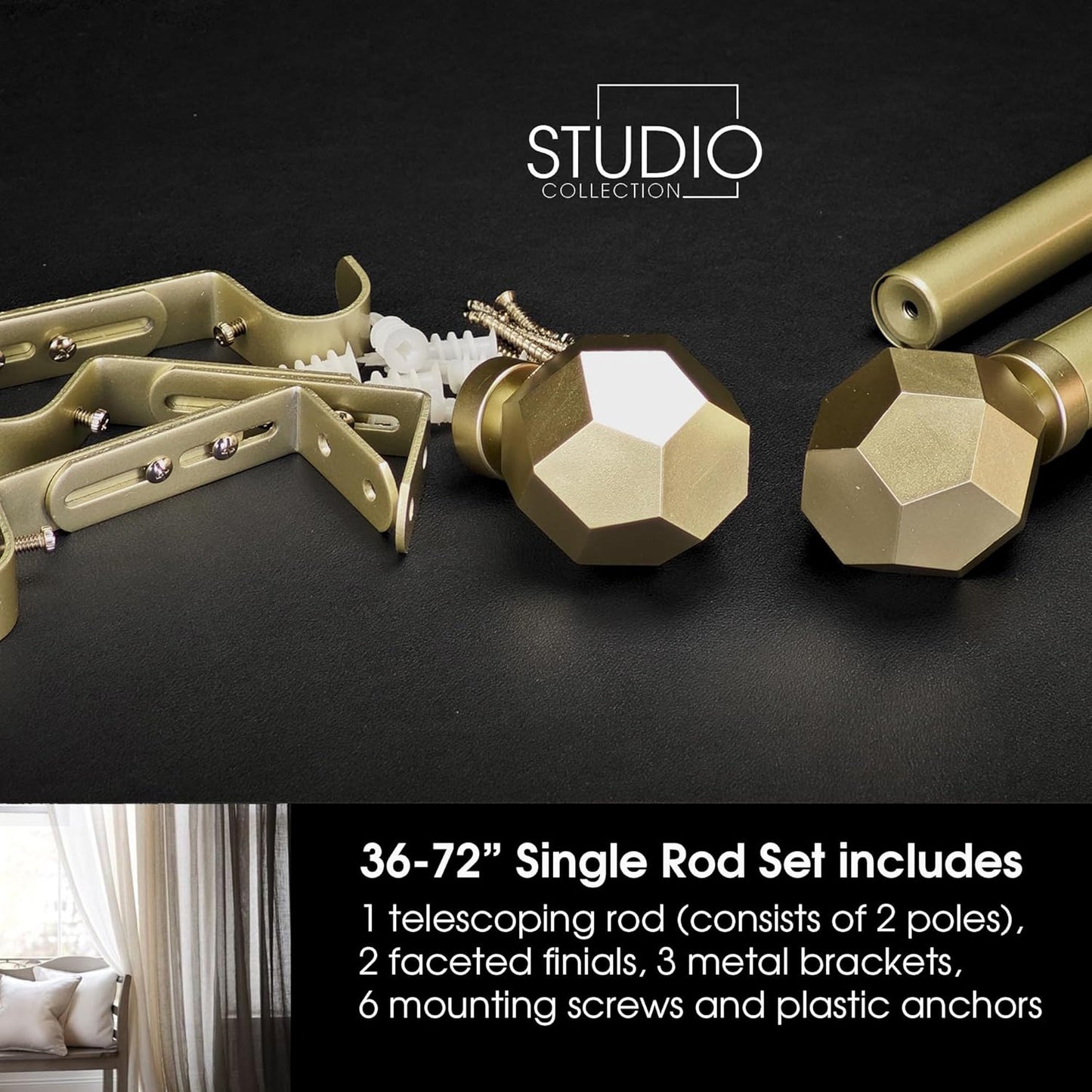 1-1/8 Inch Diameter Champagne Gold Curtain Rod with Geometric Faceted Finials, 36-72'' Telescoping Single Curtain Rods for window width 24-68 inch, 1 pack
