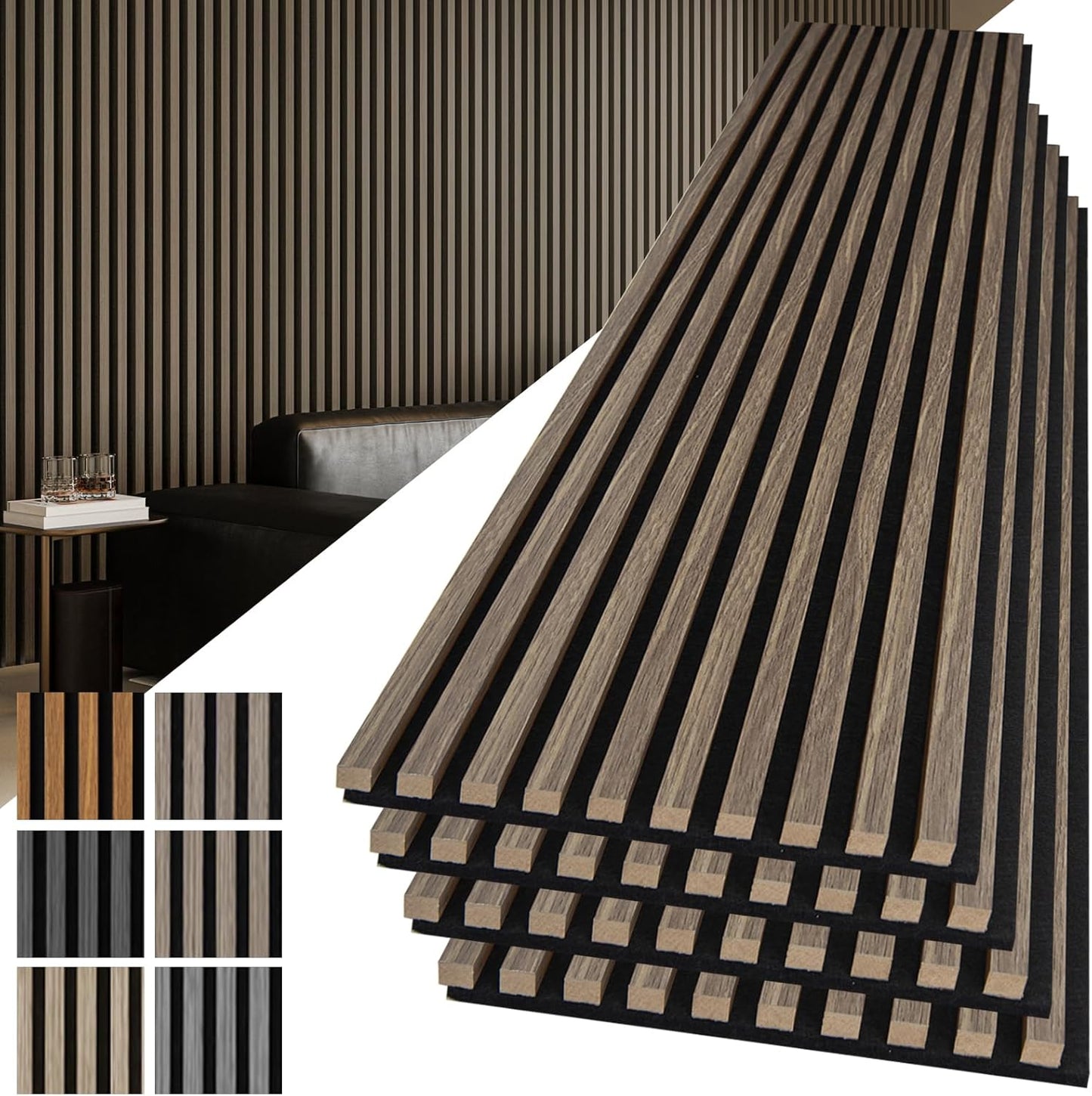 Art3d 4-Pack 108" x 12" Acoustic Wood Panels for Wall, Soundproof Wood Slat Panel for Wall and Ceiling, 3D Fluted Sound Absorbing Paneling for Interior Wall Decor, Living Room, Bedroom - Walnut