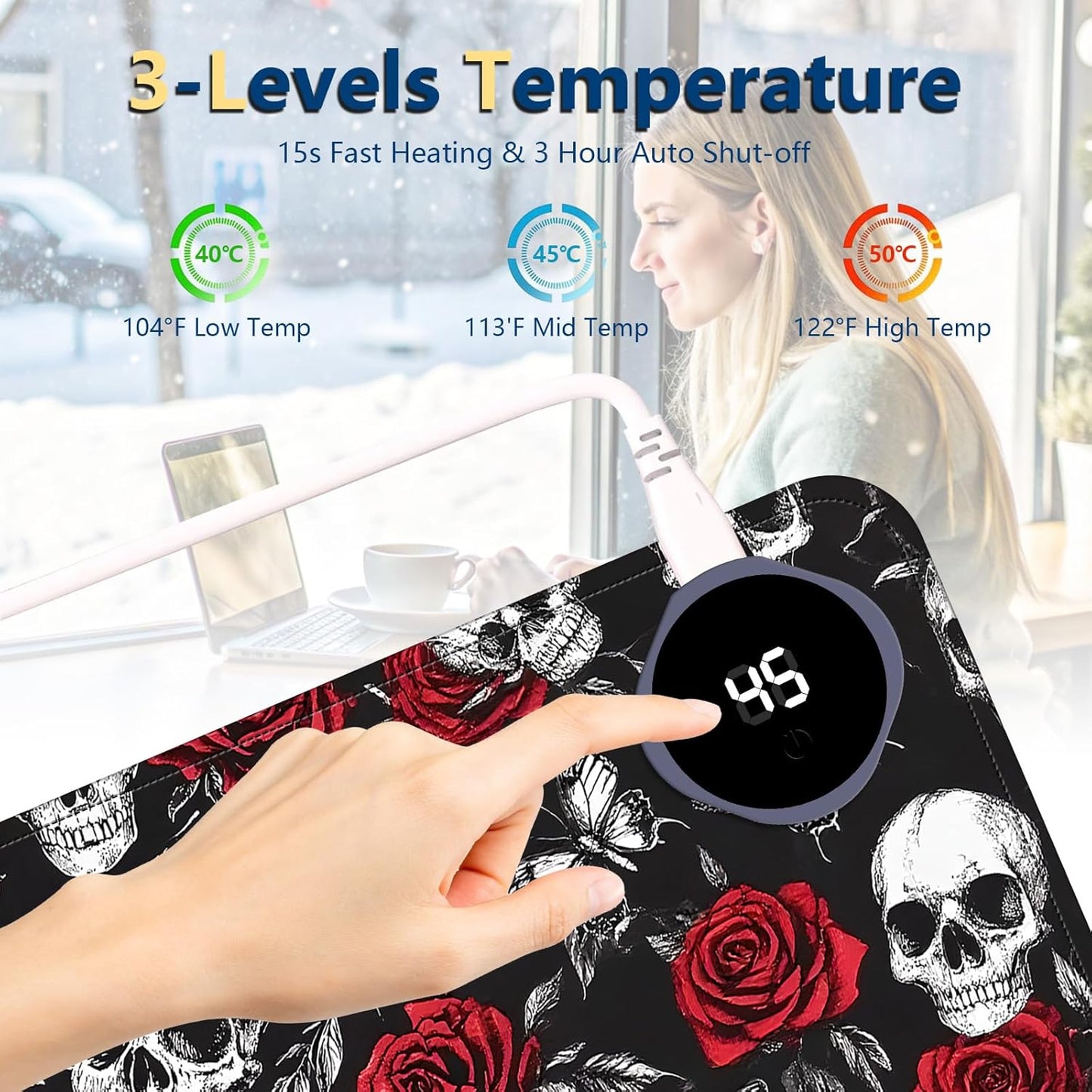 Heated Mouse Pad with 3 Temperature Settings(104°F–122°F),Large 31.5x13 Inch PU Leather Heated Desk Mat,Waterproof Warming Pad for Office,Gaming & Cold Hands Relief,Skeleton Skull Rose