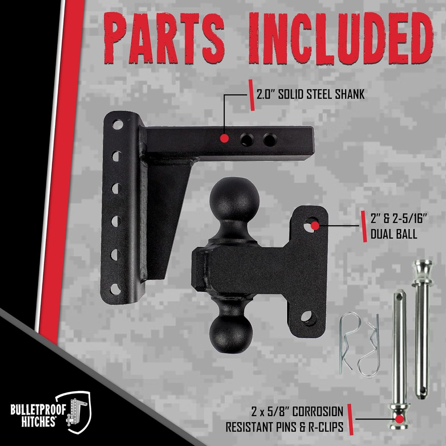 BulletProof Hitches - 2.0" Adjustable Heavy Duty Trailer Hitch (22,000 lb. Rating) - 6" Drop/Rise Trailer Hitch with 2" & 2-5/16" Dual Ball - Powder Coat, Solid Steel, Corrosion-Resistant