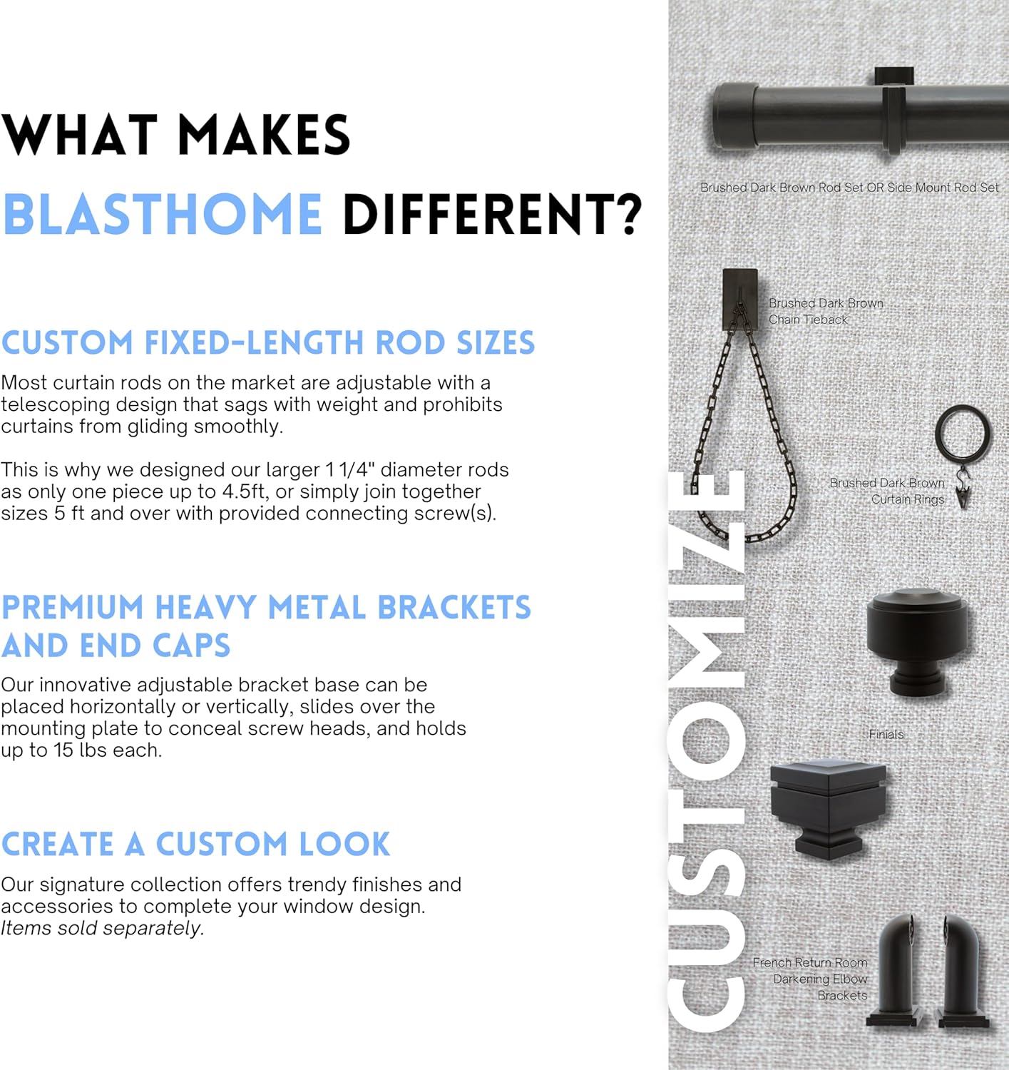 BlastHome® Non-Adjustable Luxury Curtain Rods for Windows, 1 ¼” Rod Set, 10 foot Fixed Length (Three Rods Connect for a Seamless Look), Brushed Dark Brown