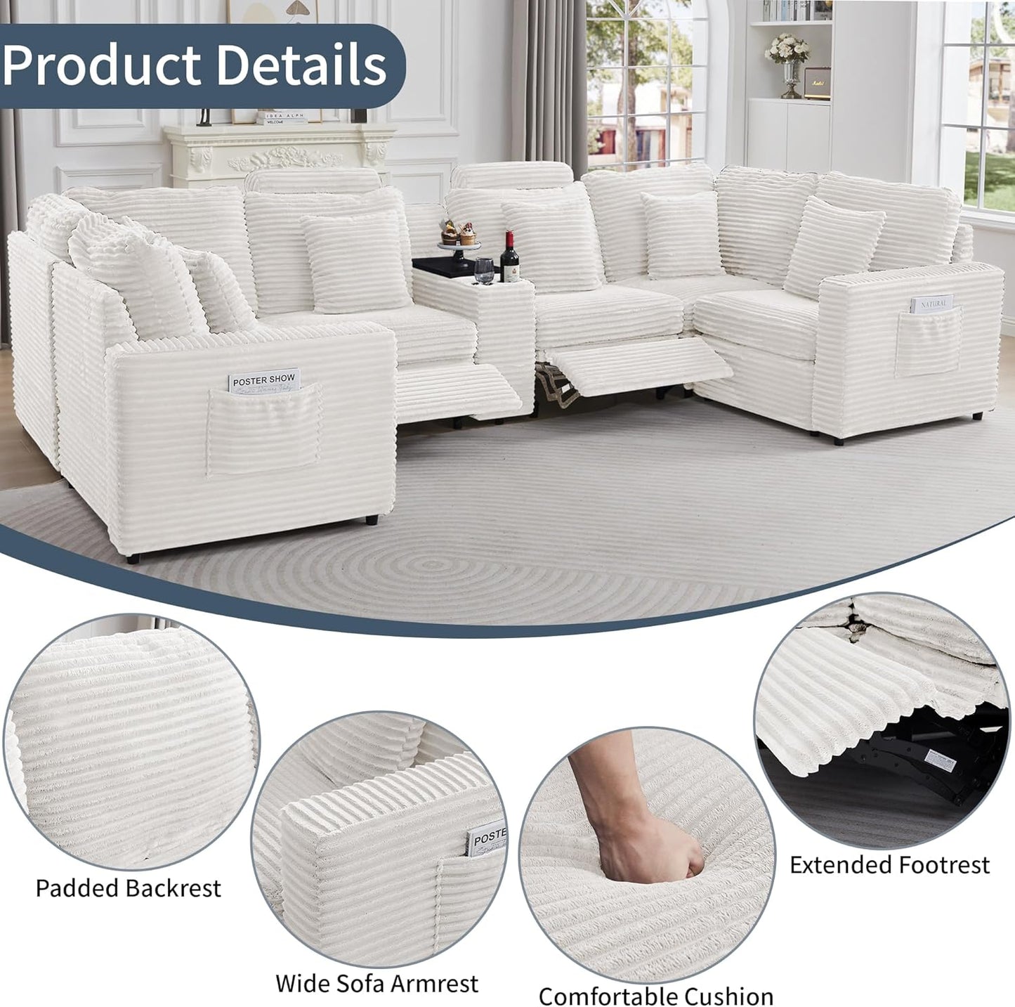 LEVNARY 6-Seat U Shaped Modular Sectional Sofa with Power Recliners, Faux Rabbit Fur Upholstery, Storage Console with Charging Ports & Cup Holders, Living Room Couch Set for Home Office (White)