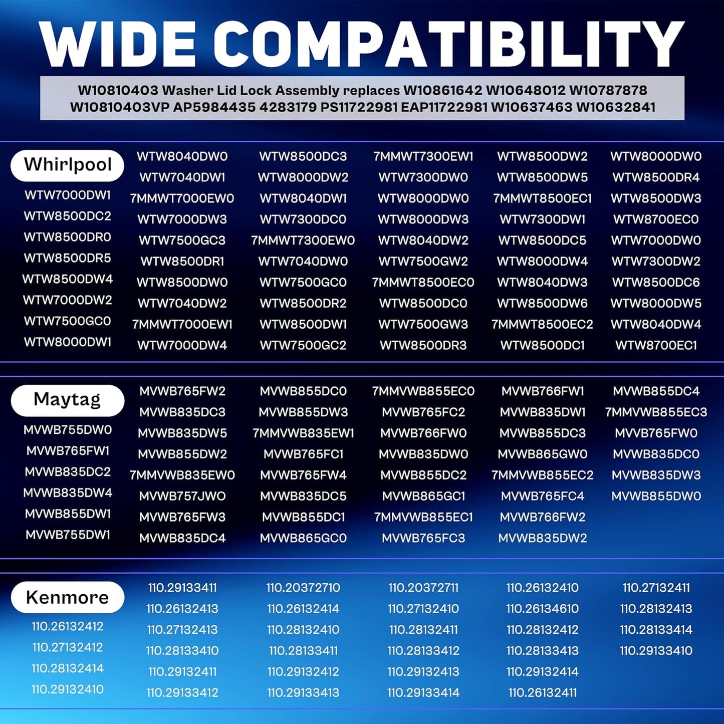 W10810403 W10787836 W10861642 Cabrio Washer Lid Lock Compatible with Whirl-pool Cabrio,Ken-more Series 600/700 & May-tag Bravos XL,Replace WTW7000DW0 WTW7300DW1 MVWB765FW2 MVWB835DW0 by TOMOON