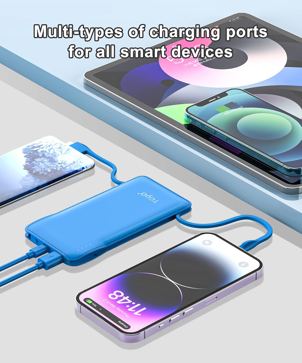 TG90° 10000mah Power Bank Portable Charger with Built-in Cables, Portable Phone Charger Battery Backup Compatible with iPhone 17 16 15 14 13 12 and Android Phones
