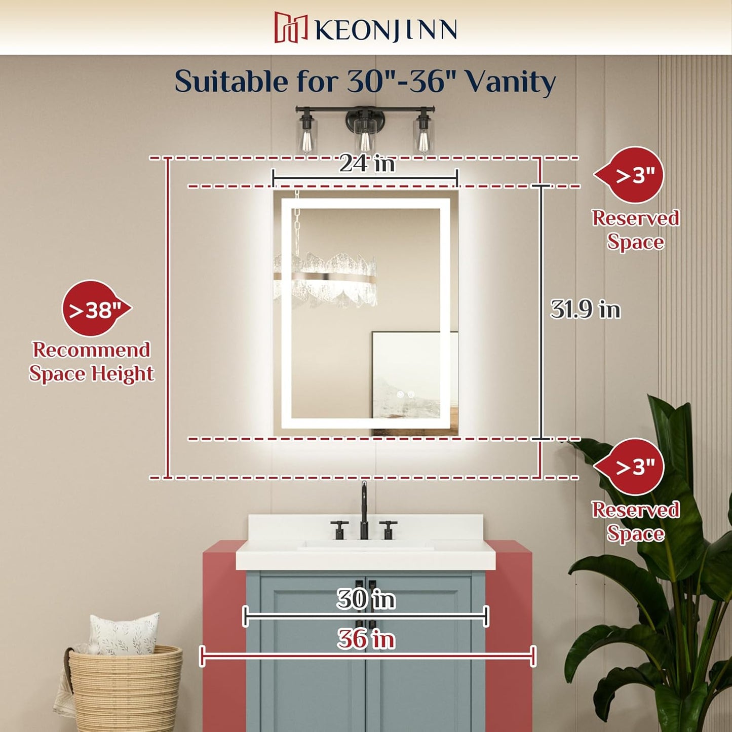 Keonjinn 24x32 Inch LED Bathroom Mirror with Light, Frontlit & Backlit, Lighted Mirrors for Bathroom Wall with Dimmable 3-Color Lights, Anti-fog Vanity Mirror with Tempered Glass, UL-Listed LED Driver