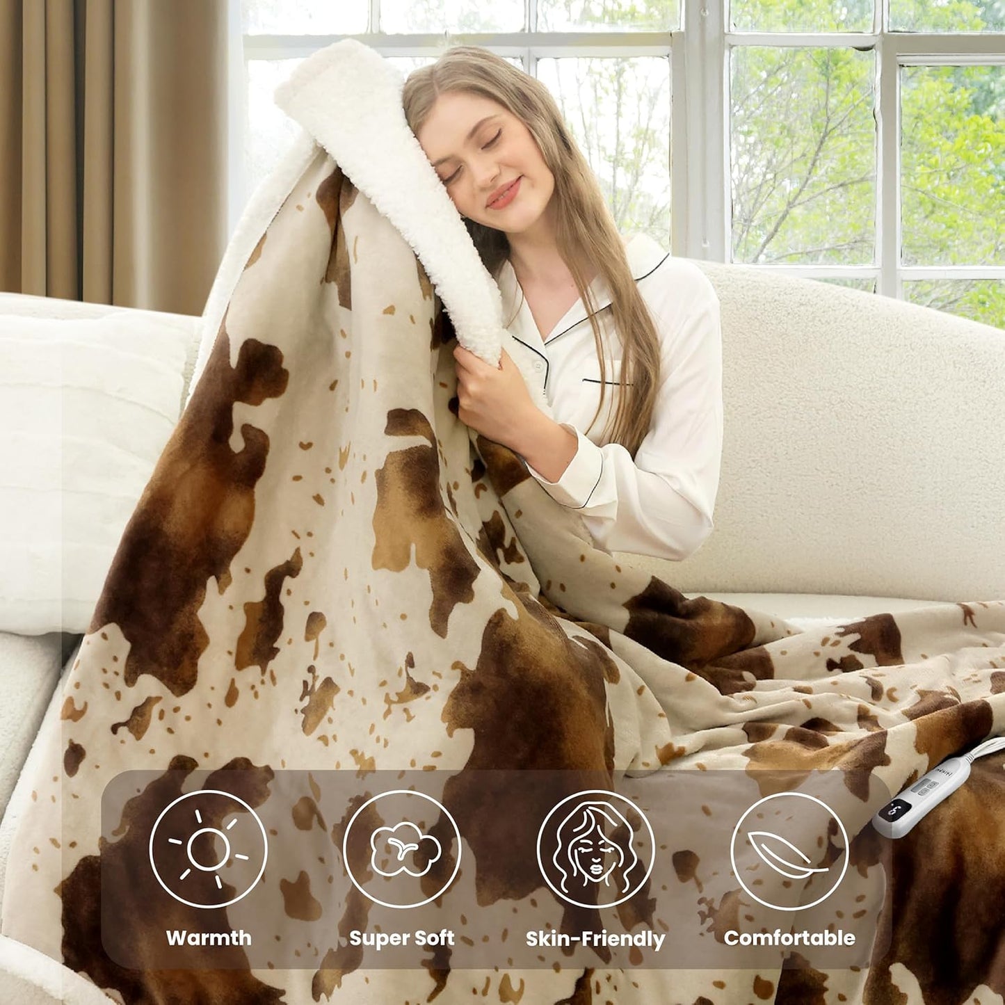 Cow Print Heated Blanket Twin-Heating Electric Blanket Twin with 10 Heat Levels & 10 Hours Auto-Off, Cozy Soft Fleece Sherpa, Washable, 62 x 84 Inches Cow Print Apricot