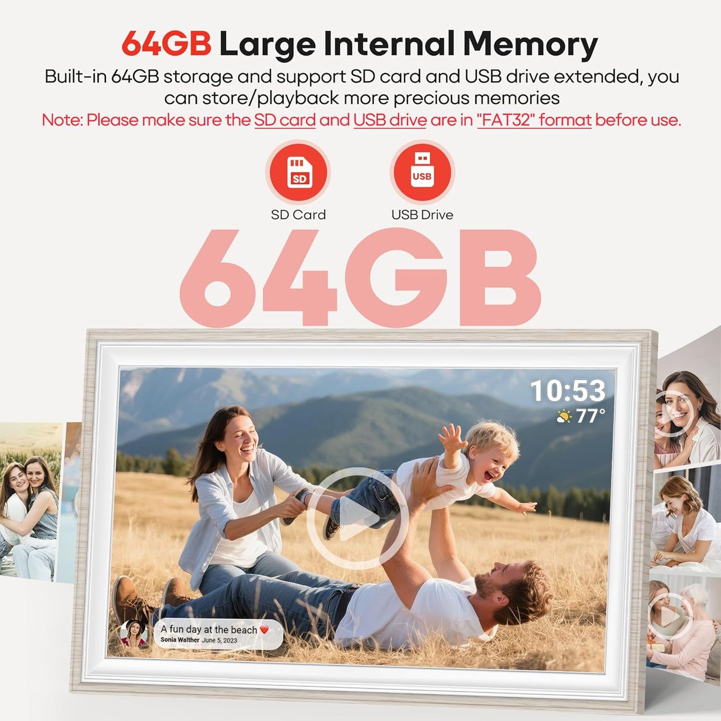 64GB Frameo 15.6" Digital Picture Frame Large 1920 x 1080 IPS FHD Touch Screen WiFi Electronic Photo Frames Share Moments Instantly Anywhere Best Gifts for Parents and Grandparents White Wood