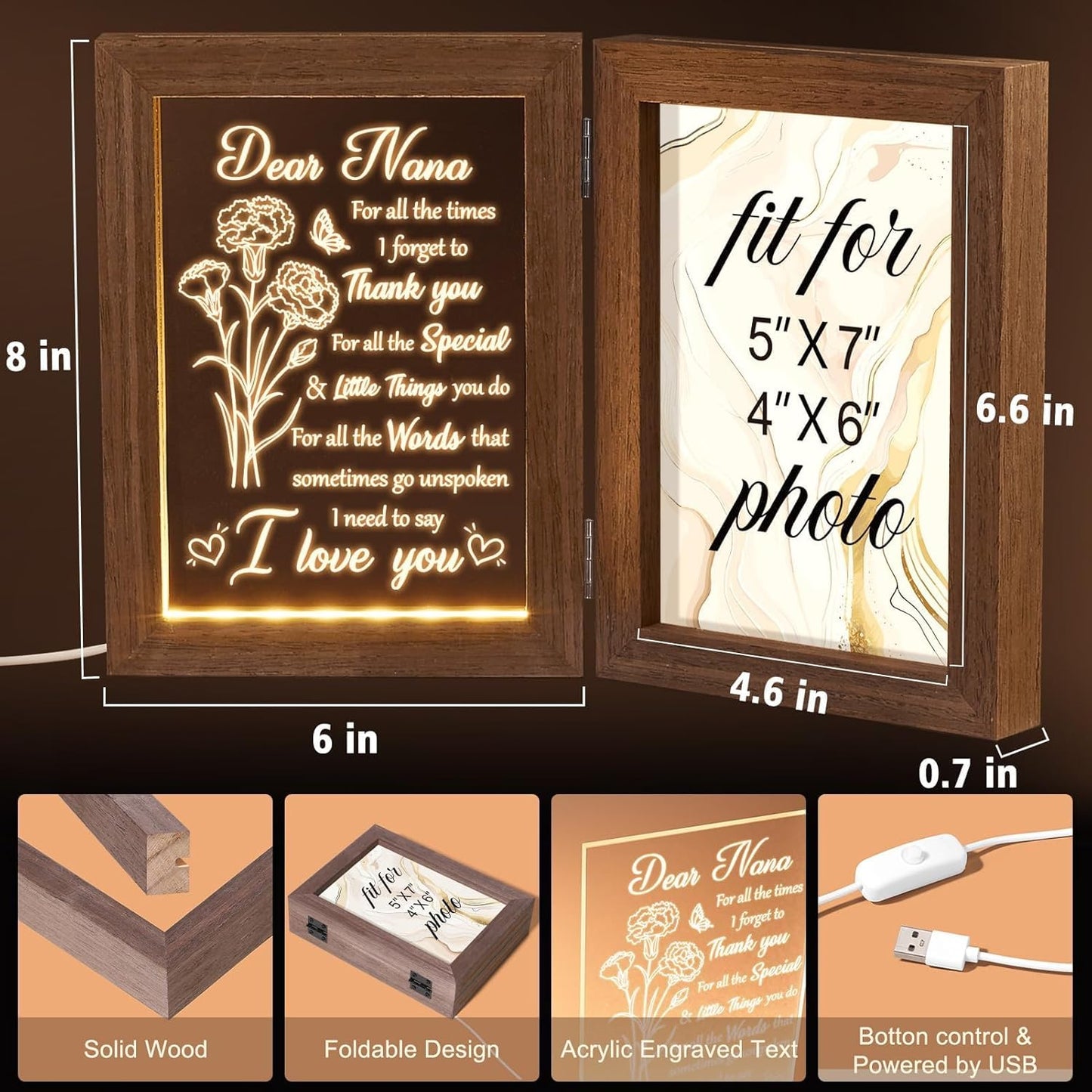 Christmas Grandma Gifts from Grandkids Granddaughter Grandson, Engraved Night Light with Nana Picture Frame 5x7, Nana Gifts Personalized Gift for Grandma Mimi Gigi Granny Grandmother Birthday Gift