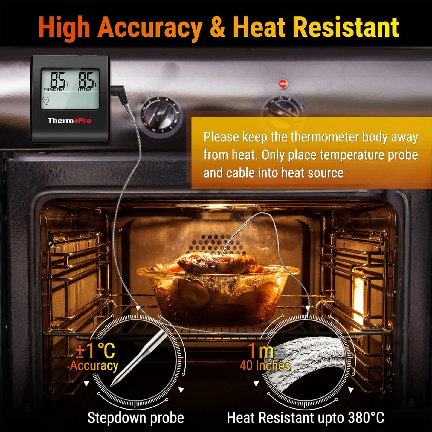 ThermoPro TP16 Large LCD Digital Meat Thermometer for Cooking, Smoking, Grilling, BBQ Food Temperature Indicator with Clock Timer and Stainless Steel Probe, Black