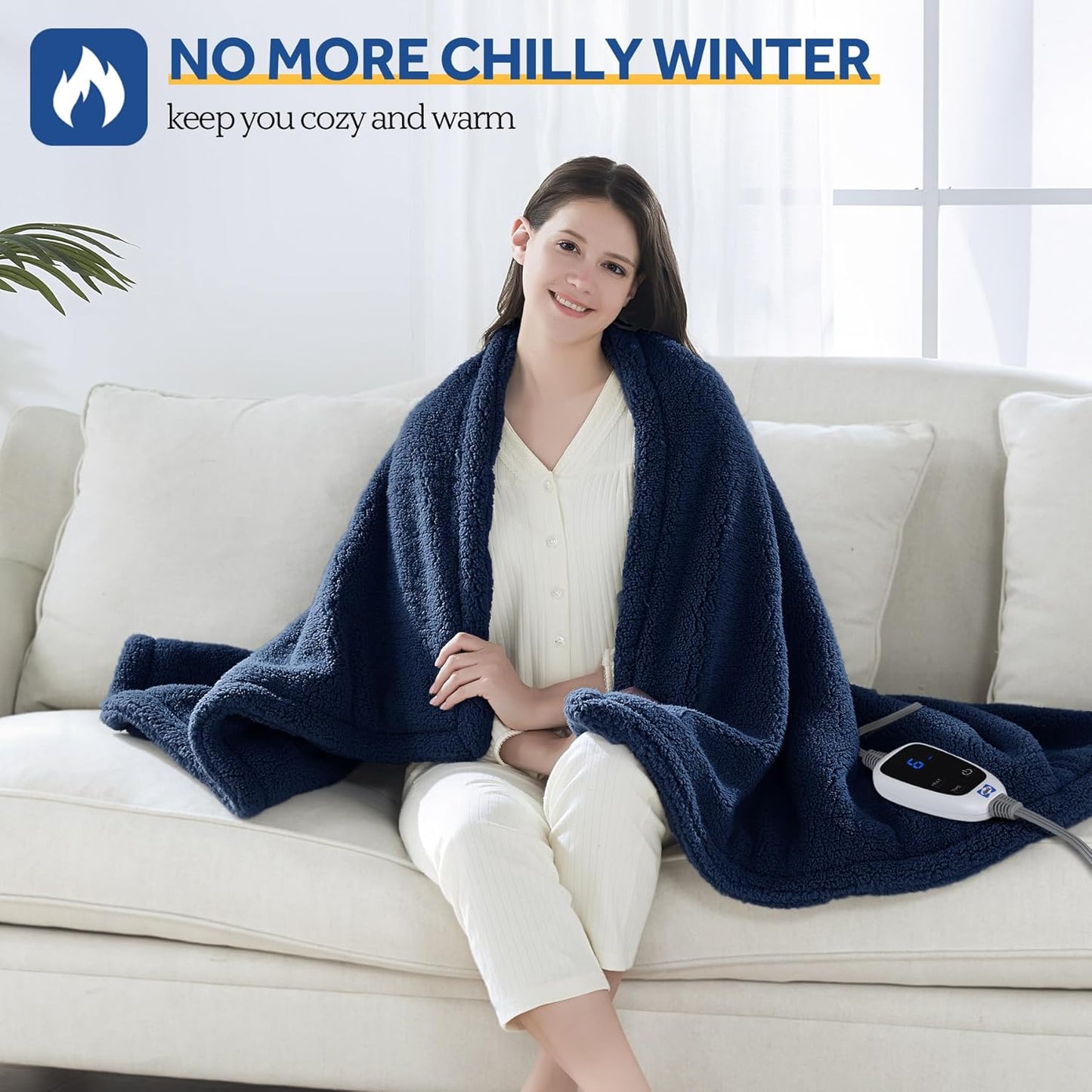 Sealy Electric Blanket Heated Throw 50"x60" Soft Double Sherpa Super Cozy with 6 Fast Heating Levels & 2-10 Hours Auto-Off, Over-Heat Protection, Machine Washable, Navy Blue