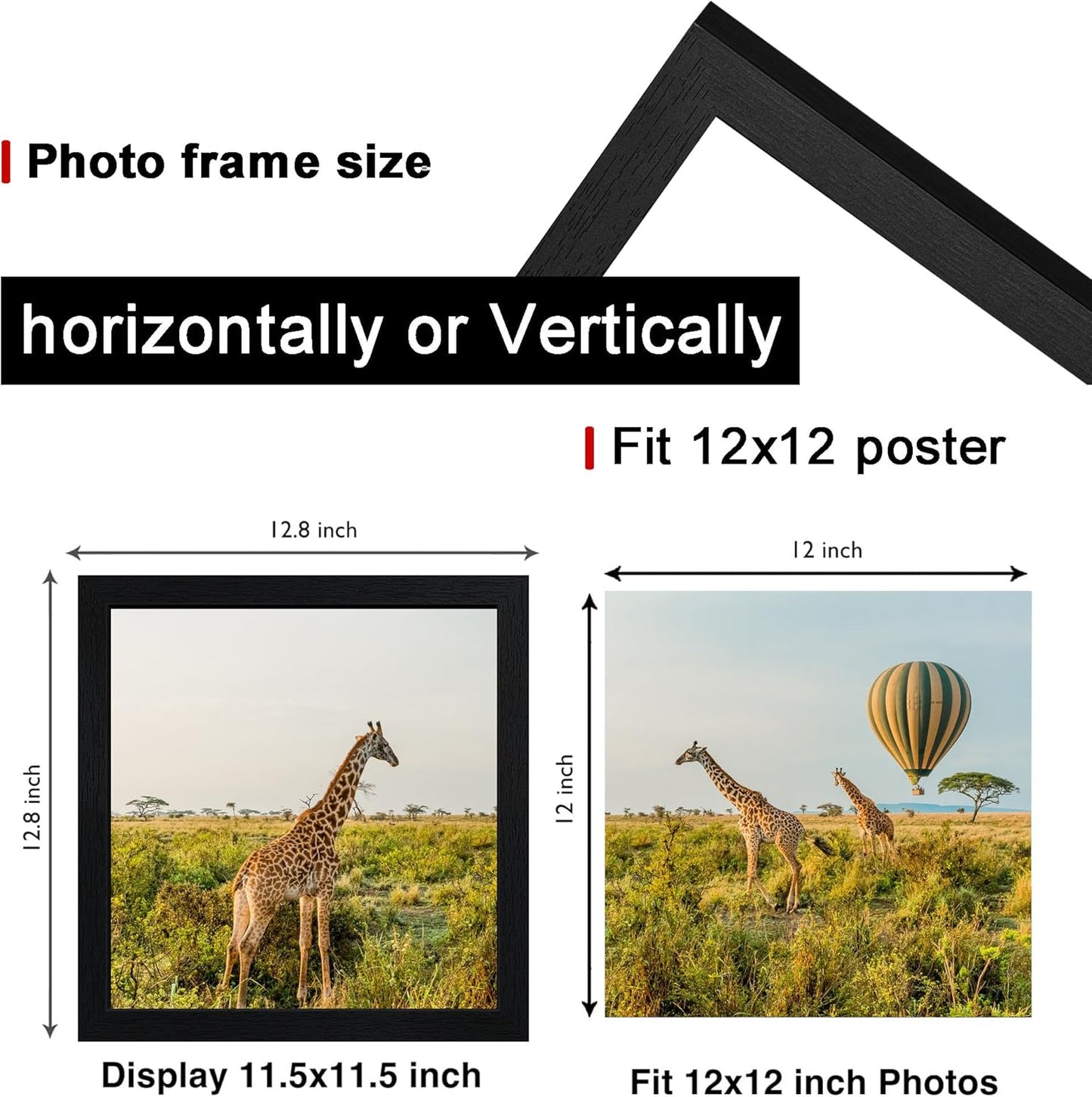 12x12 Picture Frame Set of 3, Black Wooden Frame 12x12 Square Wall Gallery Poster Photo frame with Durable Shatter Resistant Plexiglass,Horizontal and Vertical Formats for Wall Hanging best gift