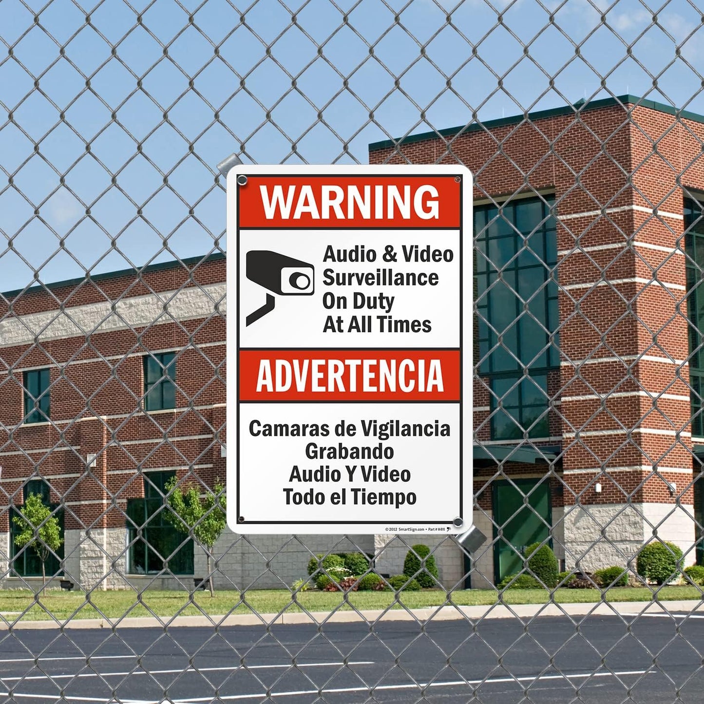 SmartSign 18 x 12 inch “Warning - Audio & Video Surveillance On Duty At All Times” Bilingual Sign, Digitally Printed, 55 mil HDPE Plastic, Red, Black and White, Made in USA