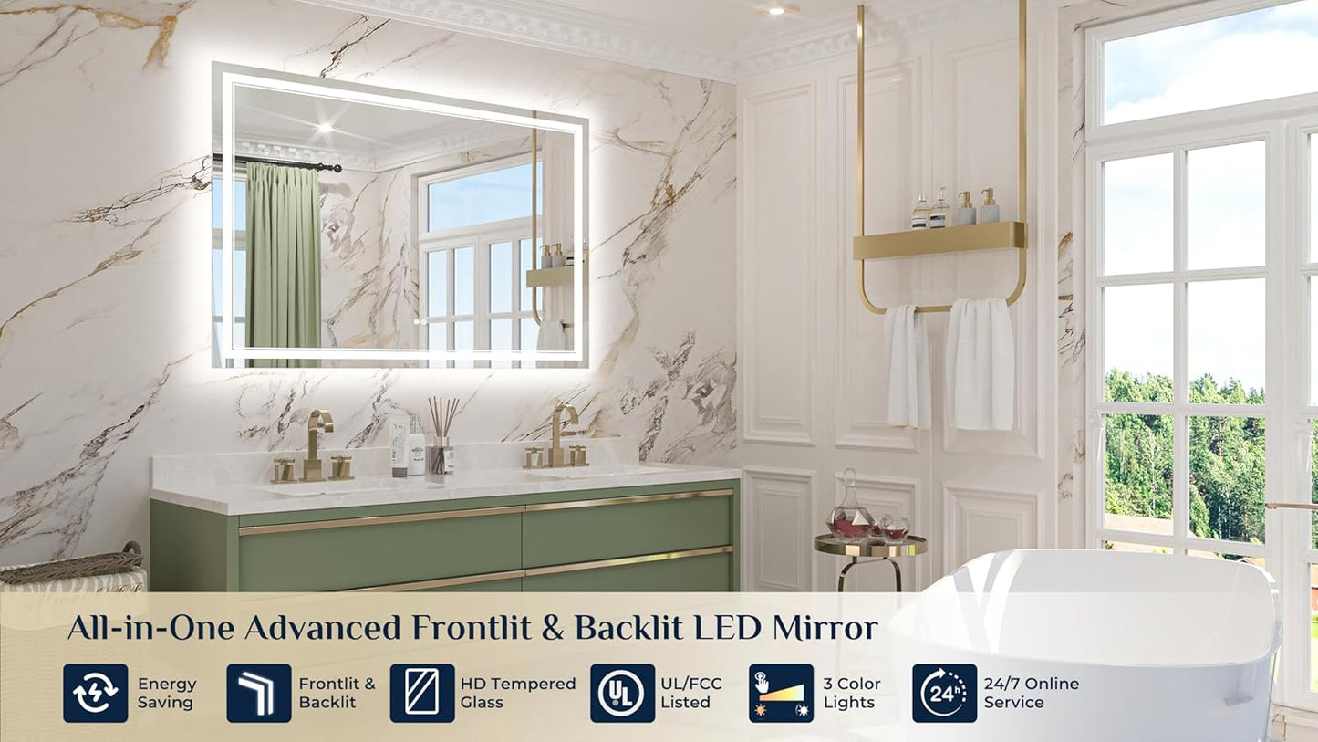 Keonjinn 50" x 36" Bathroom LED Mirror, Front & Back Lighted Mirror for Bathroom Wall, Tempered Glass, Safe Defogger, 3 Color Temperature, Dimmable, Memory Function, Light Up Vanity Mirror