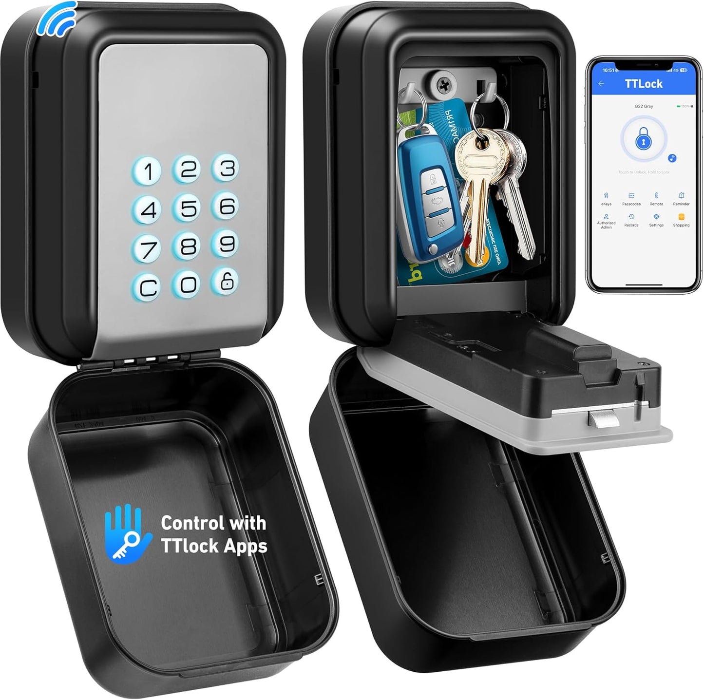 HUANLANG Smart Key Lock Box - Bluetooth Electronic Lock Box for Keys, Wall Mount Digital Key Storage with App Control & PIN Code Types, IP65 Waterproof lockbox for Home, Airbnb, Realtor and Office