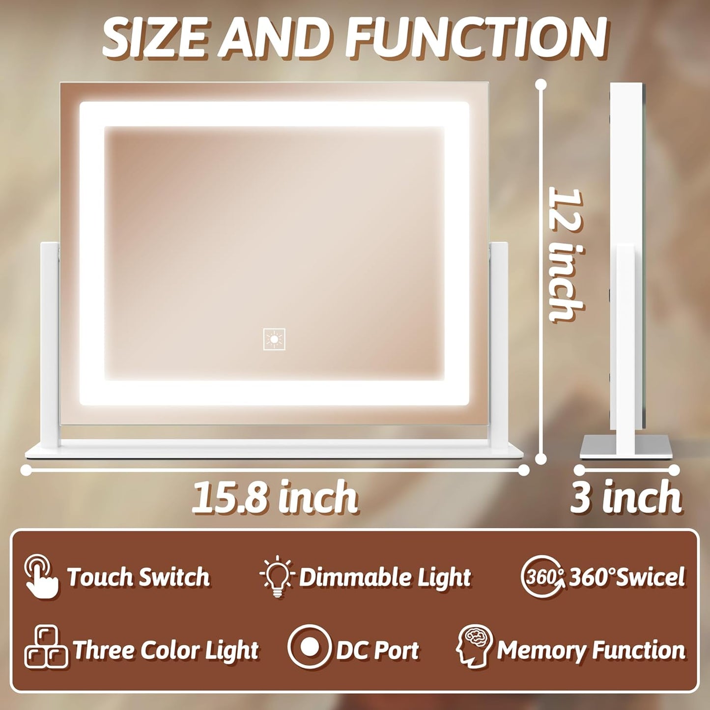 FENNIO Vanity Mirror with Lights, 12" x 16" Lighted Makeup Mirror with Smart Touch Control, 3 Color Modes & Brightness Adjustable, LED Makeup Mirror with 10X Magnification, 360° Rotation for Bedroom