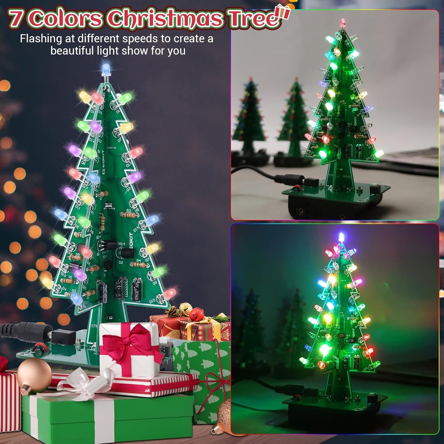 Christmas Tree Soldering Project, Icstation 3D Xmas Tree Soldering Kit with LED Flashing Lights Soldering Practice 7 Colors DIY Electronic Assemble Kit for Learning Teaching STEM Educational
