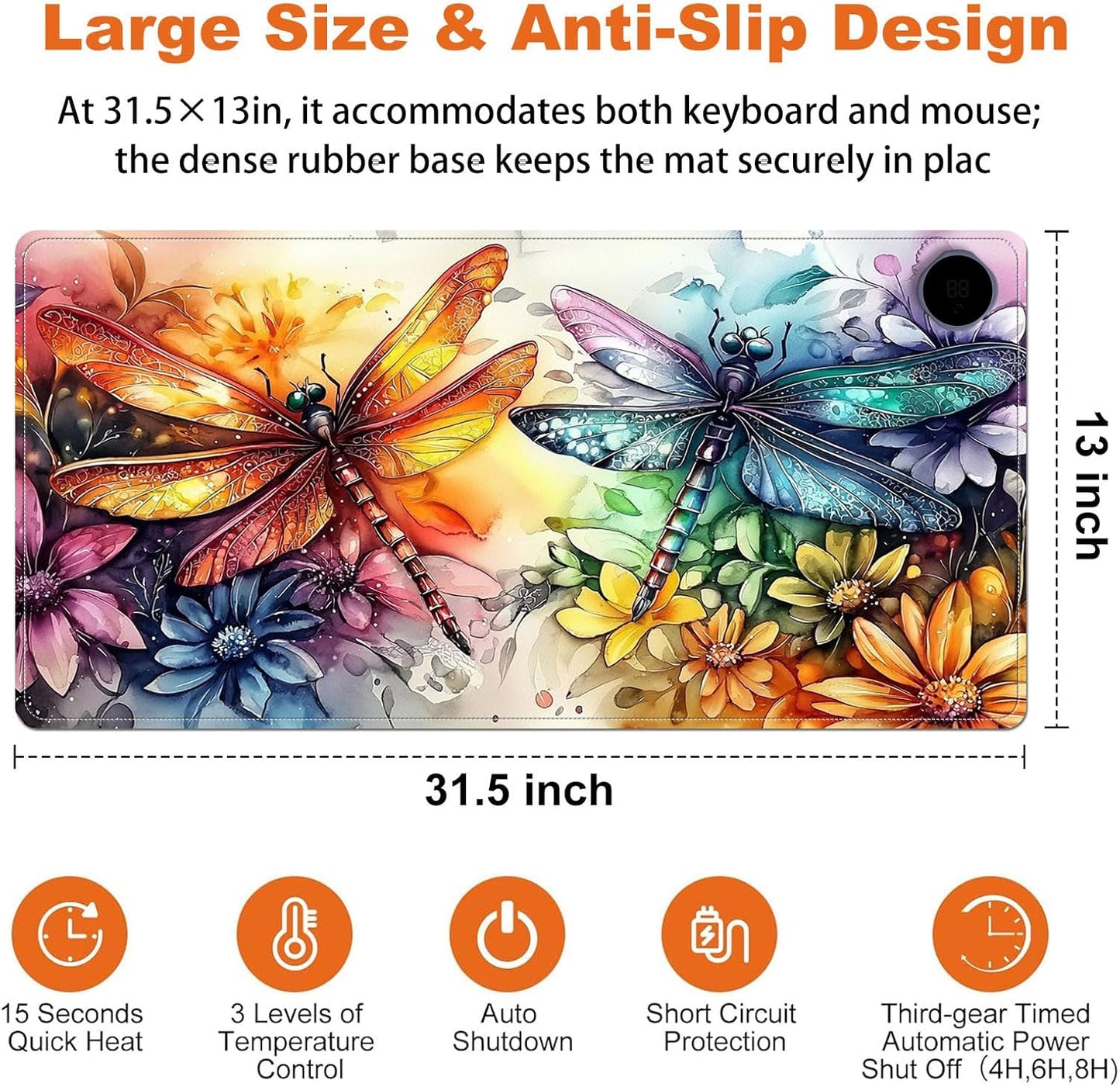 Heated Mouse Pad for Desk 31.5" x 13" – PU Leather Warm Desk Pad with 3 Heat Levels (104°F/113°F/122°F), Plug-in Electric Heating Mat with Auto Shut-Off, Waterproof & Rollable, Colorful Dragonflies