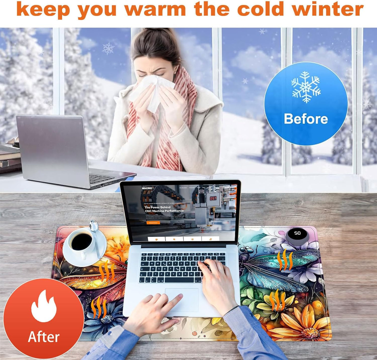 Small Heated Desk Pad 23.6" x 14.2" – Compact Electric Mouse Pad with 3 Heating Levels, Auto Shut-Off, Waterproof PU Surface, Plug-in Warmer for Office or Home Use, Colorful Dragonflies