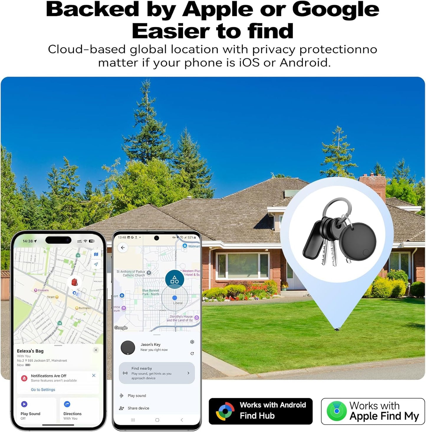 Eelexa Smart Tag Tracker, Dual System(Both iOS&Android) Air Tracker Tag, Compatible with Apple Find My or Google Find Hub Smart Keys Finder Item Locator with Waterproof&Light (Black-2Pack)