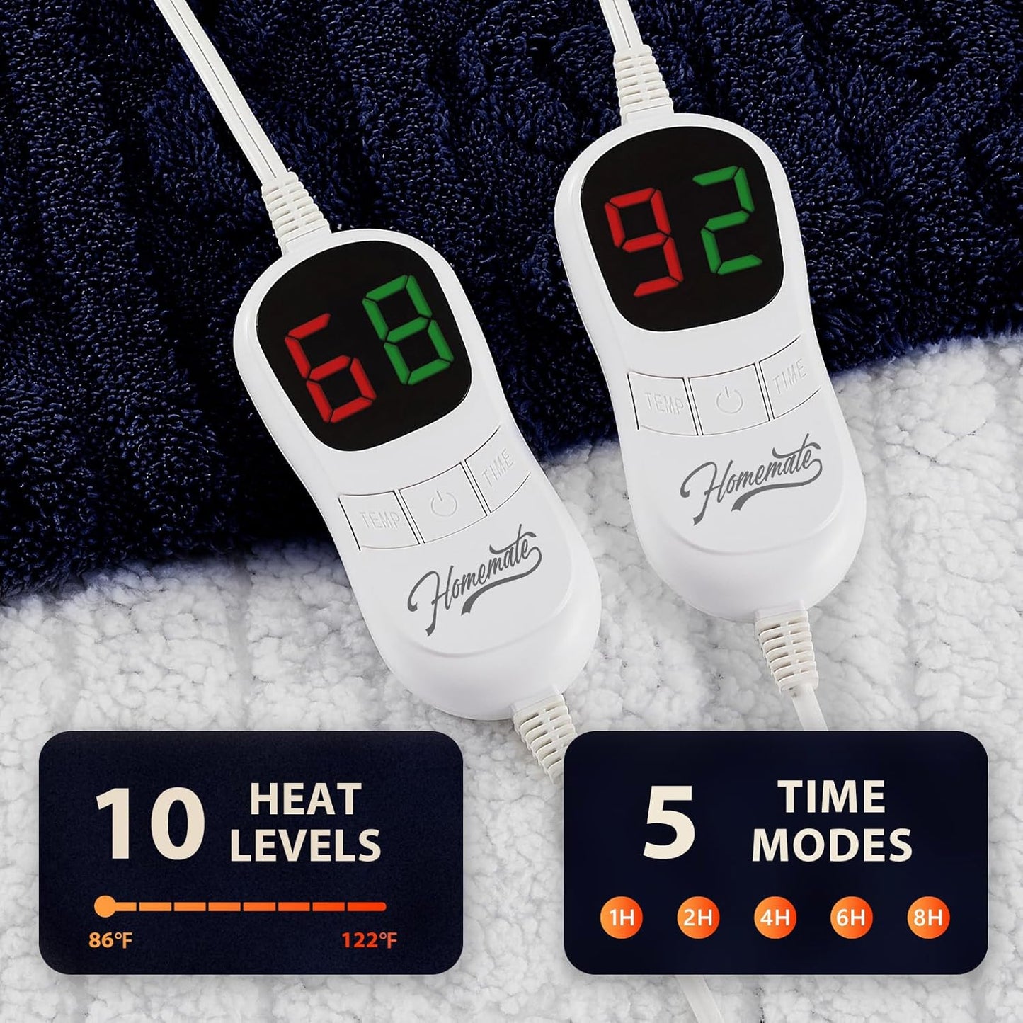 Homemate Electric Heated Blanket Queen - 84"x90" Heating Bed Blankets Throw with 10 Heating Levels 8 Hours Auto Off Fast Heating Over-Heated Protection Ultra Soft Warm Flannel ETL Certified