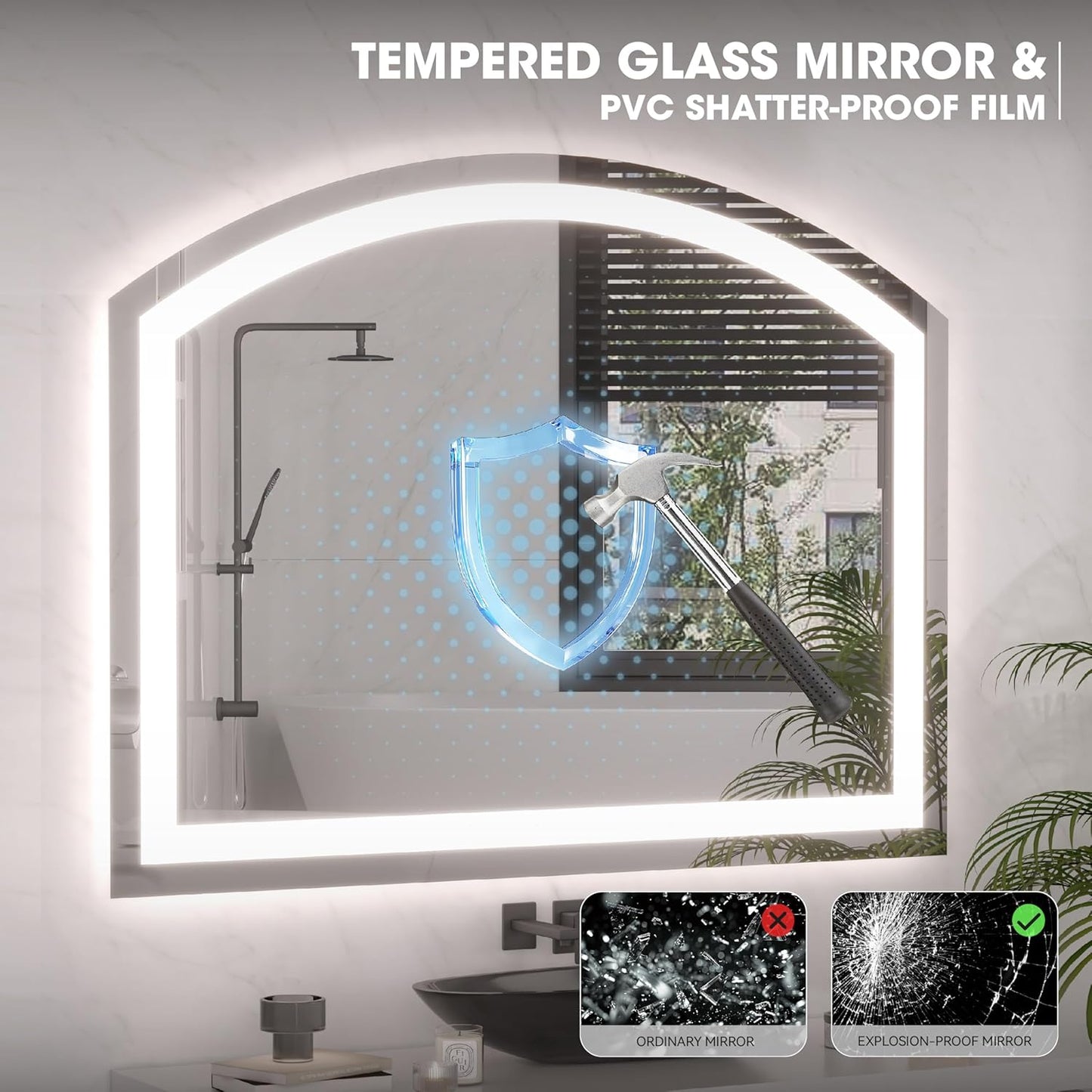 Hasipu 55" x 36" LED Bathroom Mirror Arch Vanity Mirror with Lights Frontlit Smart Touch Sensor Dimmable 3 Colors Temperature Shatterproof Wall-Mounted Vanity Mirror Metal Frame