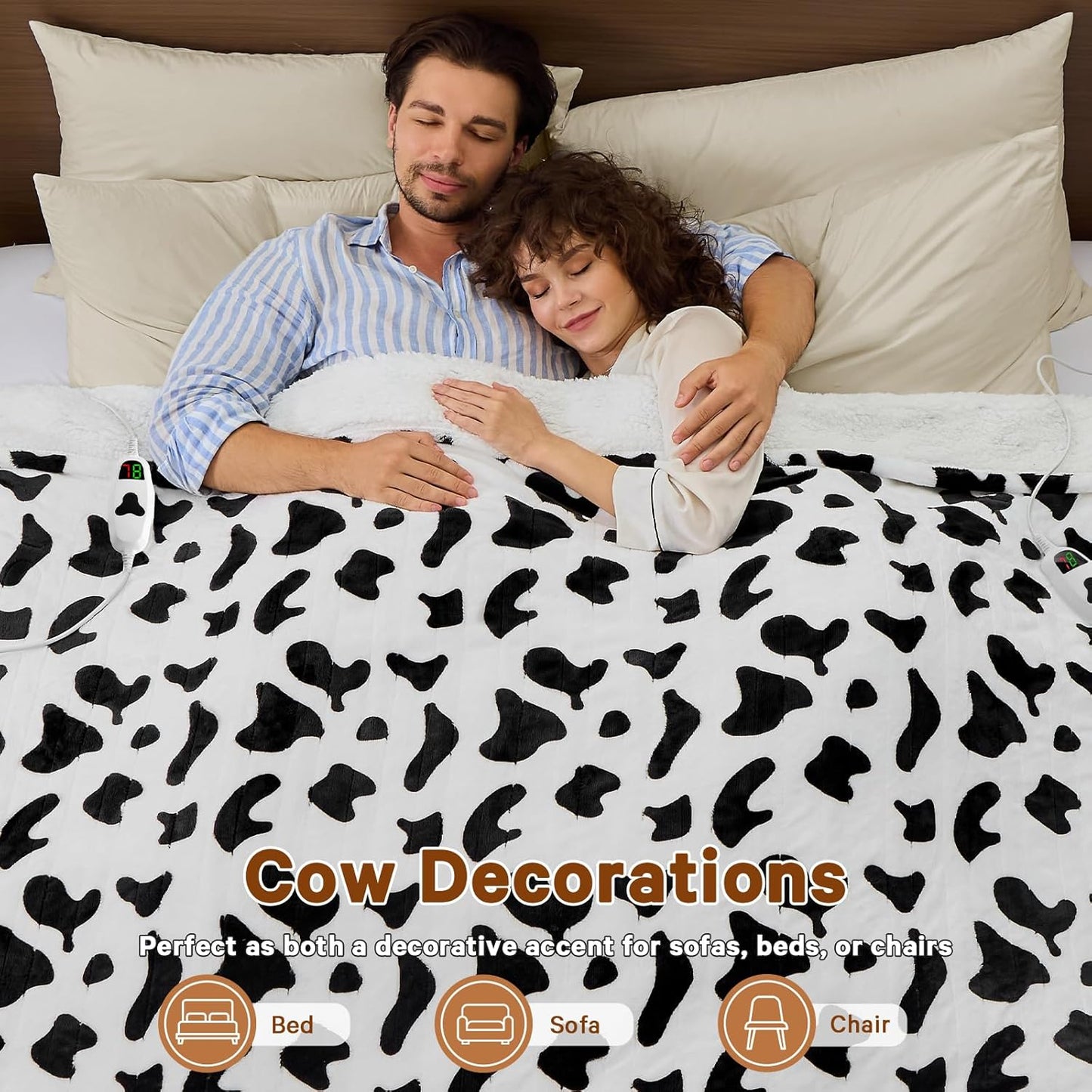 Cow Print Electric Heated Blanket King Size,90X100 Black Heating Blanket King with Dual Control&Timer&10 Heat Level,Cute Cow Decor Fleece Sherpa Blankets Warmer Gifts for Bed Women Adults