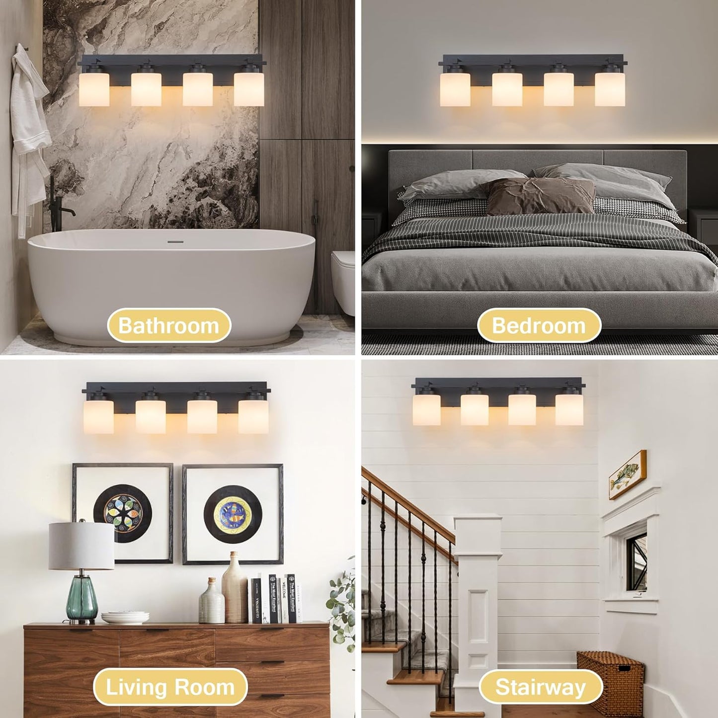 4 Light Modern Bathroom Light Fixtures Over Mirror, Black Vanity Lights for Bathroom Wall Sconces with Milky White Glass Shades, E26 Socket (Bulbs Not Included)