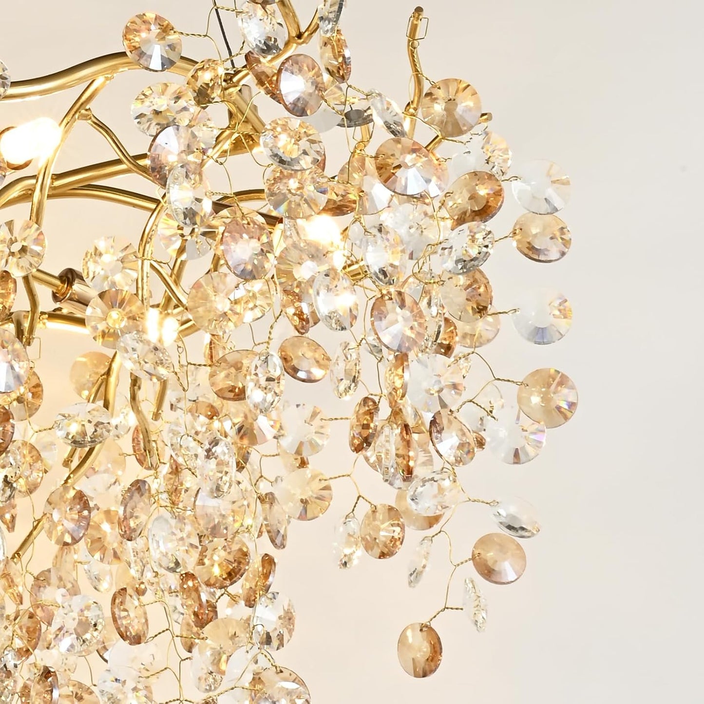 Crystal Gold Chandelier Modern Round Ceiling Pendant Light Fixture Tree Branch Chandeliers for Living Room Dining Room Kitchen Bedroom Hotel