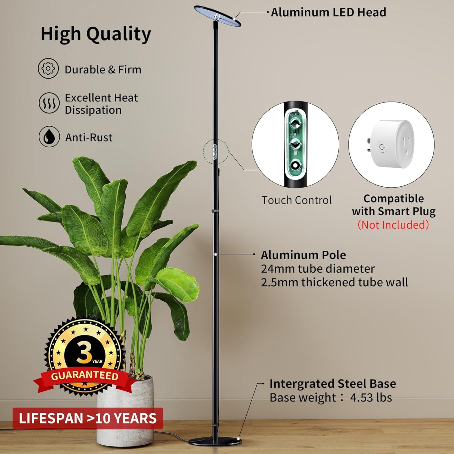 chiphy Grow Lights, 85" Full Spectrum Plant Light for Indoor Plants, 40W Grow Lamp, 10 Dimmable Brightness, Height Adjustable, Ideal for Large Tall Plants
