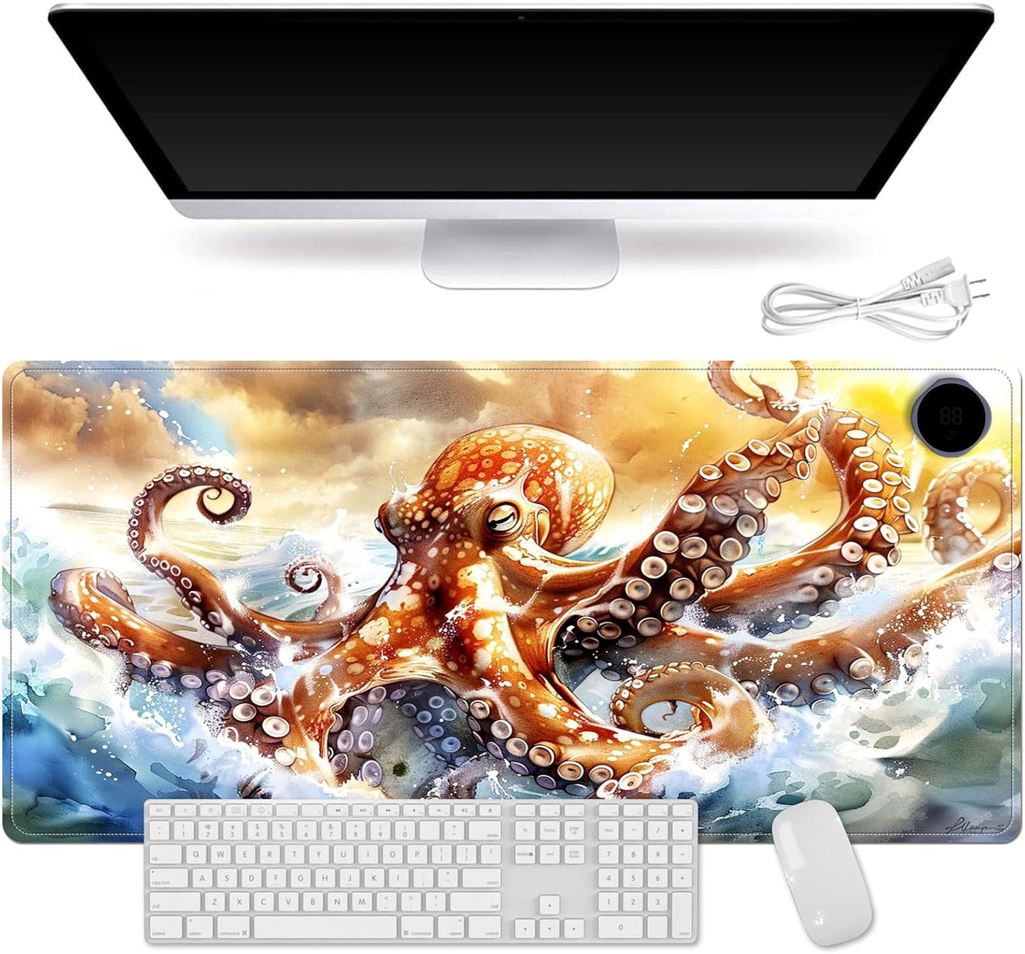 Small Heated Desk Pad 23.6" x 14.2" – Compact Electric Mouse Pad with 3 Heating Levels, Auto Shut-Off, Waterproof PU Surface, Plug-in Warmer for Office or Home Use, Ocean Octopus