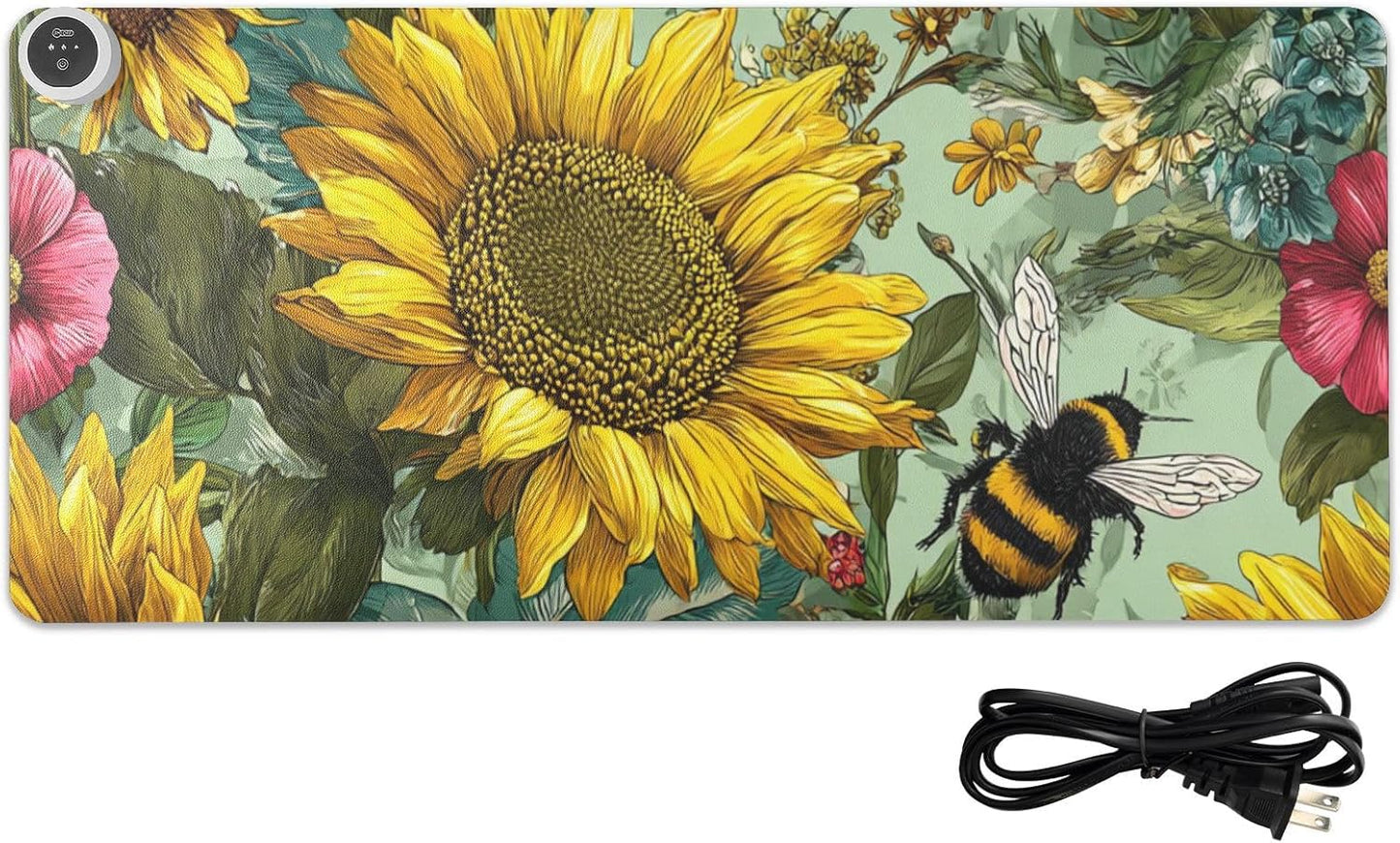 Heated Desk Pad Mouse Pad 31.5x13 Inch PU Leather Desk Mat with 3 Heat Levels Large Mouse Gaming Computer Laptop Mat Bees Sunflowers Leaves Green