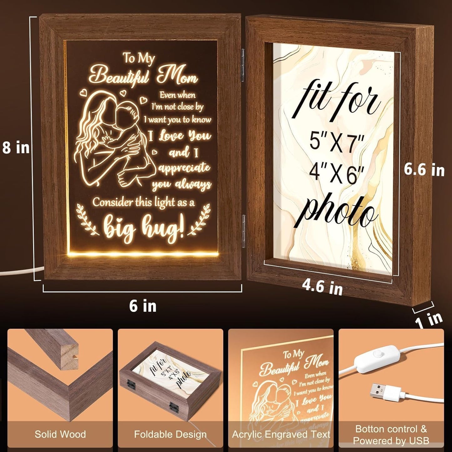 Tiblue Mother's Day Gift from Daughter Son, Mother Daughter Picture Frame & Acrylic Plaque with Night Light, Mother-in-Law Gifts from Daughter-in-Law New Mom Gifts for Women