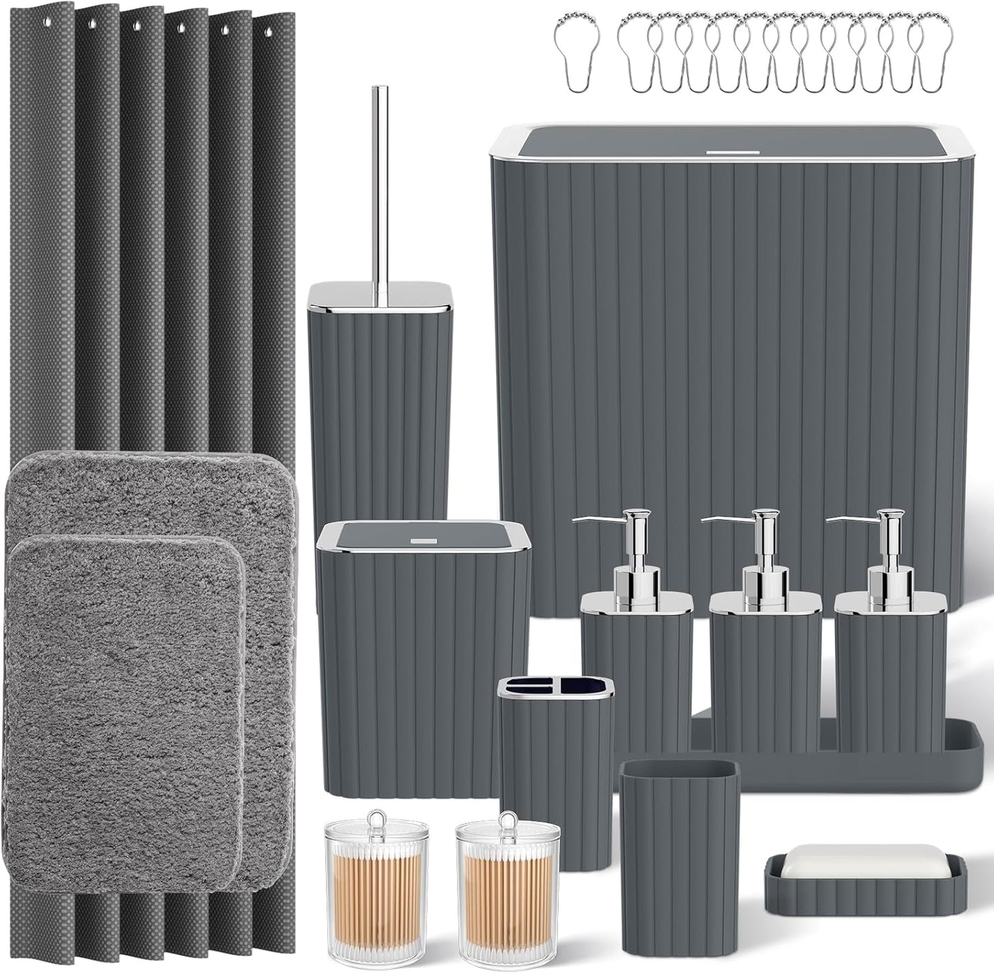Bathroom Accessory Set - Bathroom Set, 27PC Bathroom Accessories Set, Grey Bathroom Sets with Shower Curtain and Rugs, Mini Trash Can, Toilet Brush, Trash Can & Soap Dispenser