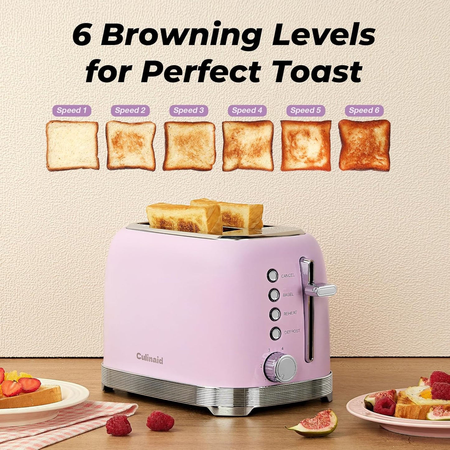 Toaster 2 Slice Retro Stainless Steel with 1.5” Extra Wide Slots Bagel, Defrost, Reheat, Cancel Functions, 6 Bread Shade Settings, Removable Crumb Tray, Pastel Pink