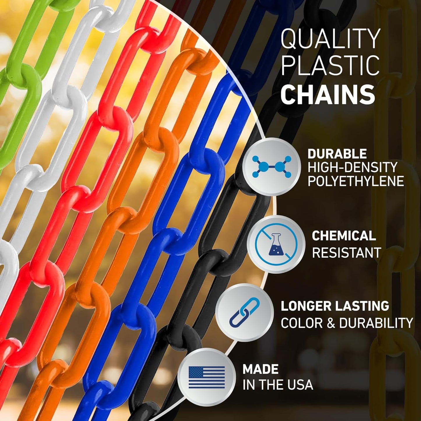 US Weight (Made in USA) 2" x 500' Black Plastic Safety Chain ft. SunShield UV Resistant Technology