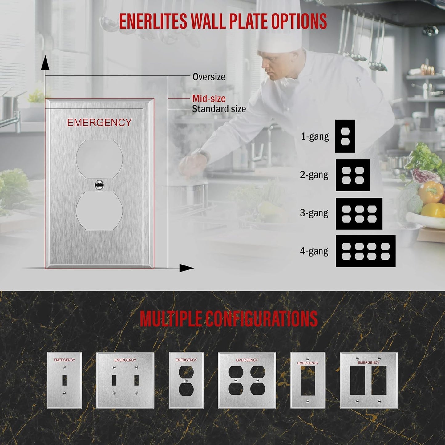 ENERLITES Duplex Receptacle Metal Wall Plate with Emergency Label, Stainless Steel Outlet Cover, Corrosion Resistant, Mid-Size 1-Gang 4.88" x 3.11", 430 Stainless Steel, 7721M-E, Silver