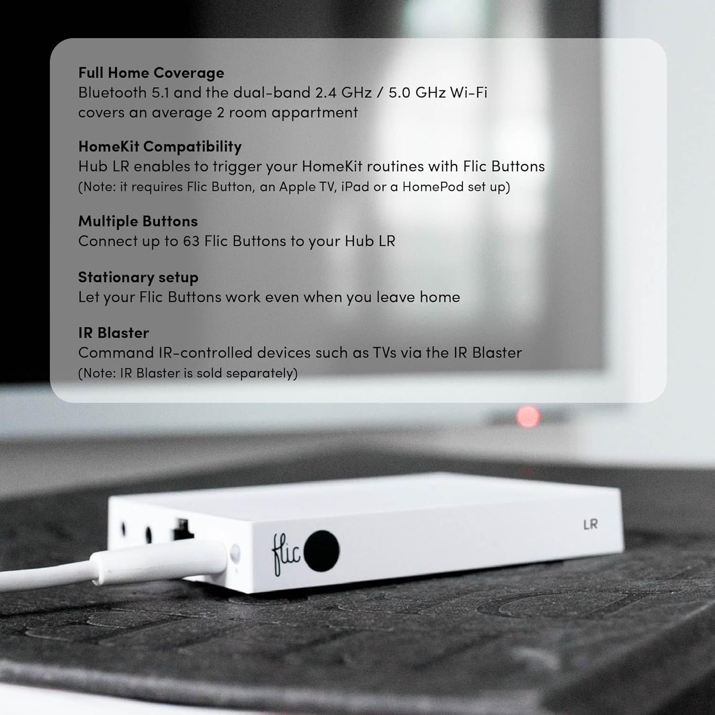 Flic Hub LR - Best Long Range Smart Home Hub with Native Support for Matter, Alexa, Homekit, Nanoleaf, Spotify, Philips Hue, Sonos, IR, Wi-Fi to Control Any Device with Flic Smart Button and Twist.