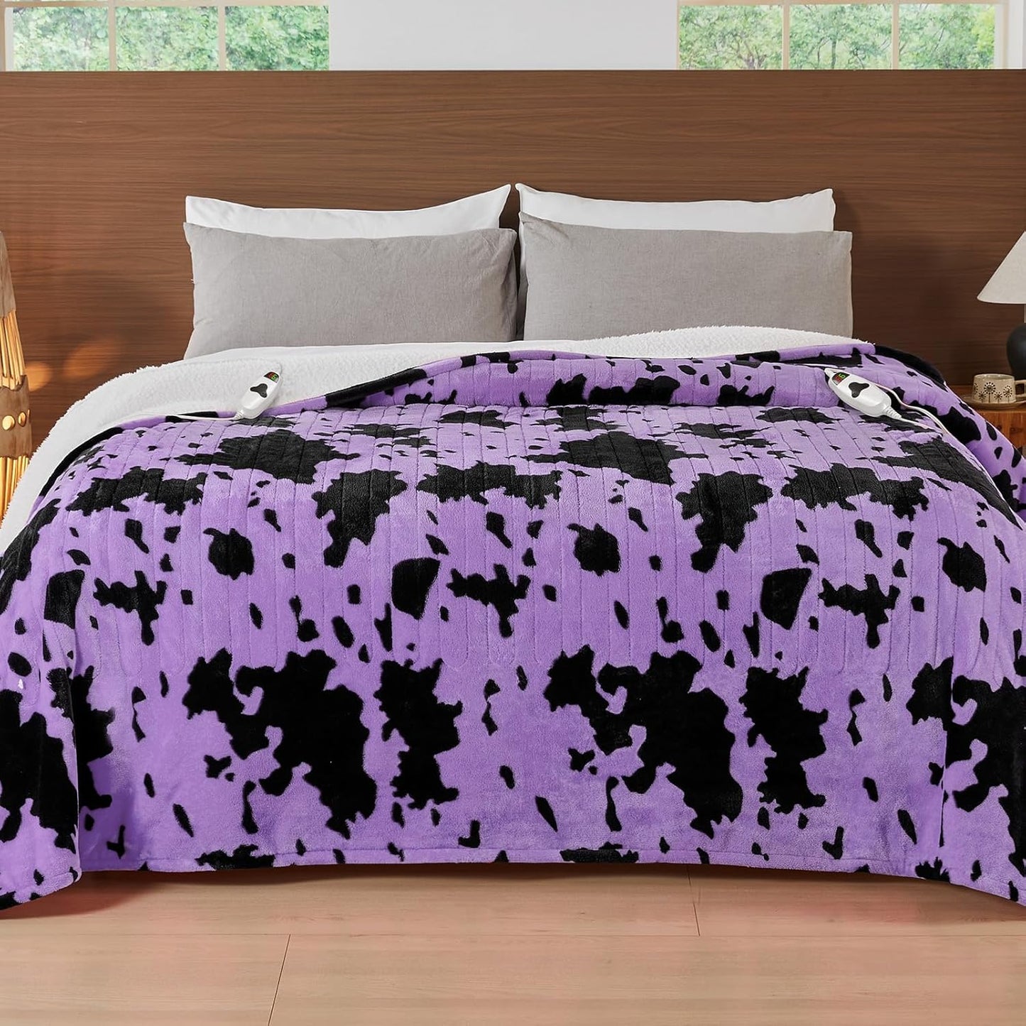 Cow Print Electric Heated Blanket Queen Size,84X90 Purple Heating Blanket Queen With Dual Control&Timer&10 Heat Levels,Highland Cow Decor Fleece Sherpa Blankets Warmer Gifts for Bed Women Adults