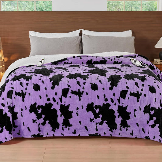 Cow Print Electric Heated Blanket King Size,90X100 Purple Heating Blanket King With Dual Control&Timer&10 Heat Levels,Highland Cow Decor Fleece Sherpa Blankets Warmer Gifts for Bed Women Adults
