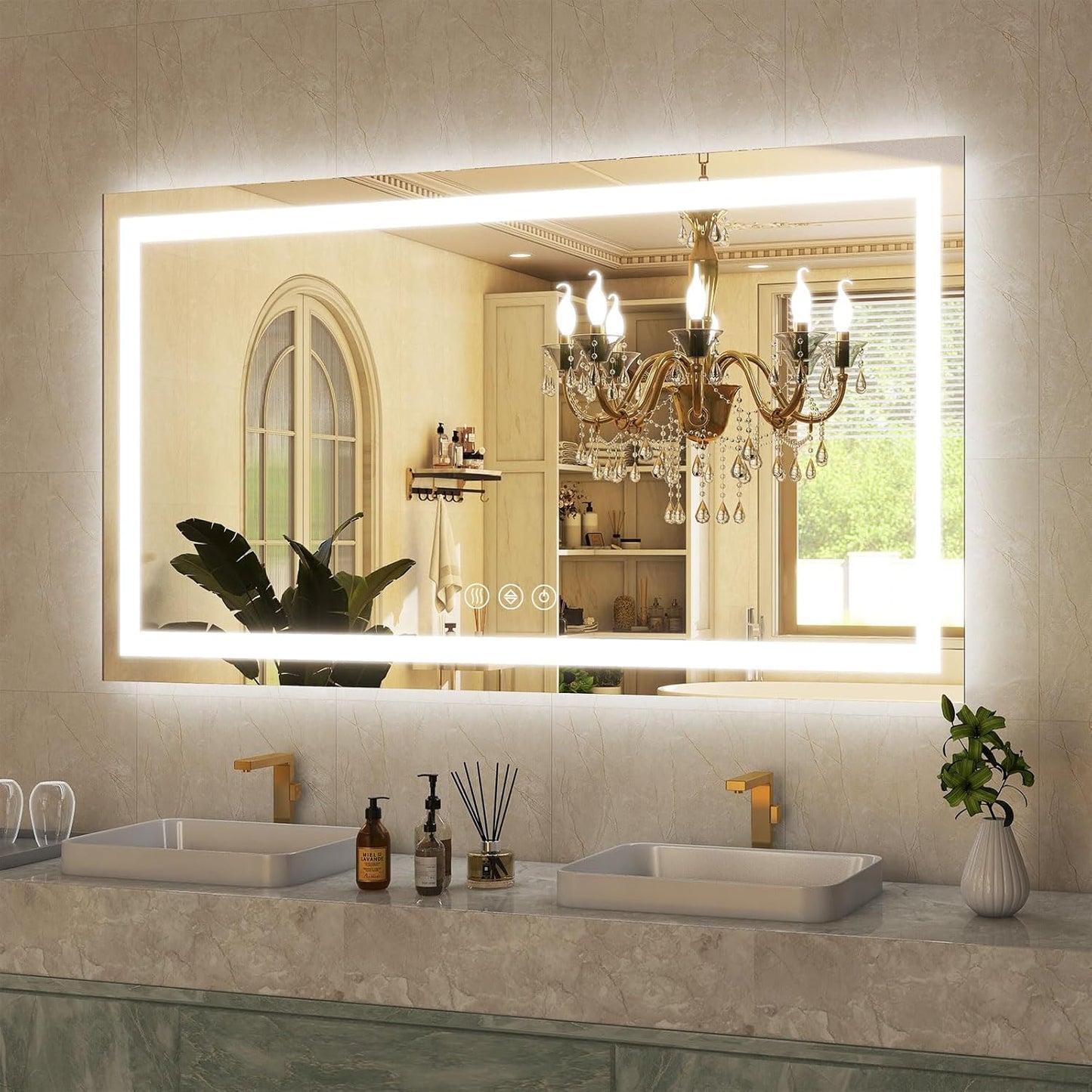 GLSLAND LED Bathroom Mirror - 48"x32" Anti-Fog Lighted Wall Mirrors with Memory Function, Dimmable, Frontlit & Backlit, Horizontally/Vertically, Tempered Glass
