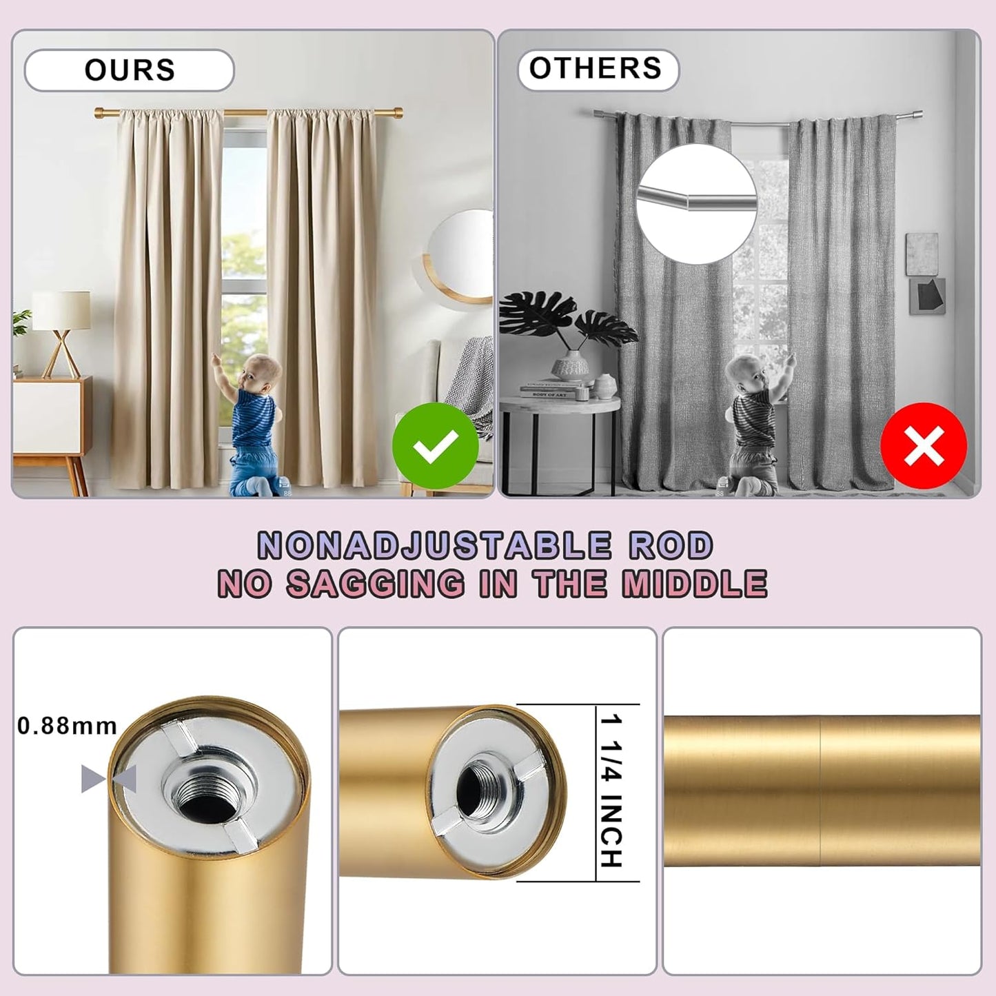 Heavy Duty Curtain Rods,1 1/4" Large Diameter Premium Nonadjustable Curtain Rod,120in/10ft Custom Window Treatment Rods with Durable Aluminum Brackets and End Caps,Gold Finish