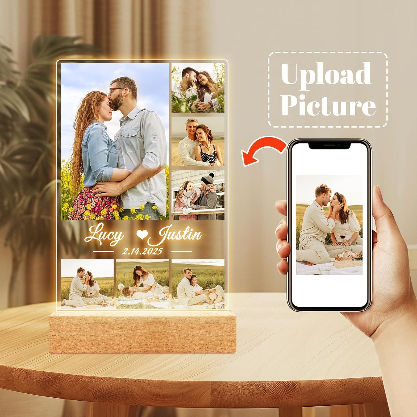 Custom Picture Frames, Personalized Picture Frame with Night Light, Customized Photo Frame, Personalized Anniversary Valentines Day Gifts for Women Men Her Him Girlfriend Boyfriend Couple Wife
