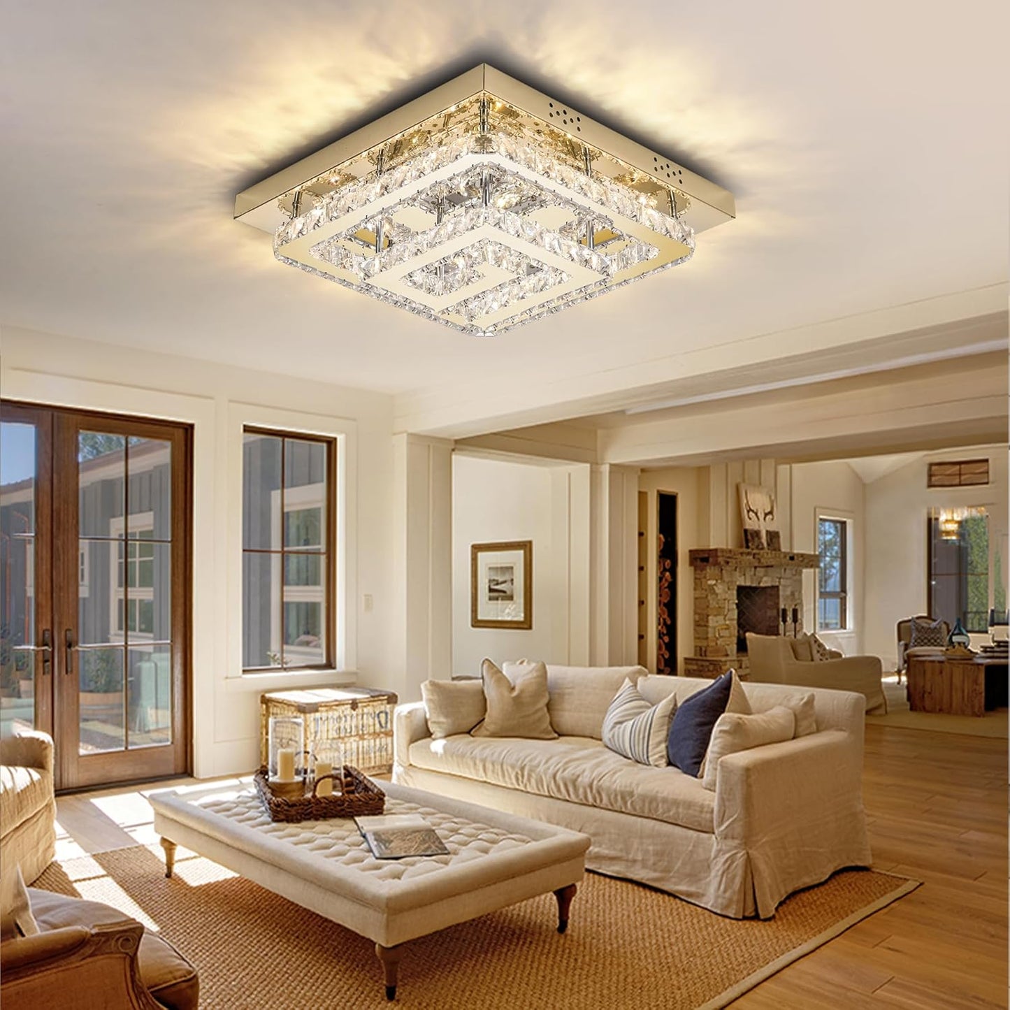 25" Modern Gold Crystal Chandelier with Remote/APP Control, Dimmable Flush Mount Ceiling Light Fixture, 3-Color Temperature,Led Ceiling Lamp for LivingRoom Bedroom Kitchen DiningRoom Entryway