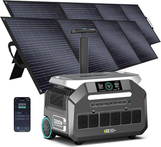 IEE 3200W Portable Power Station P3200 with 2x400W Solar Panel, 2048Wh Solar Generator, 1800W AC Charging, AC Outlets x 4, LiFePO4 Battery Power Station for Home Backup, Camping, RV, Emergency