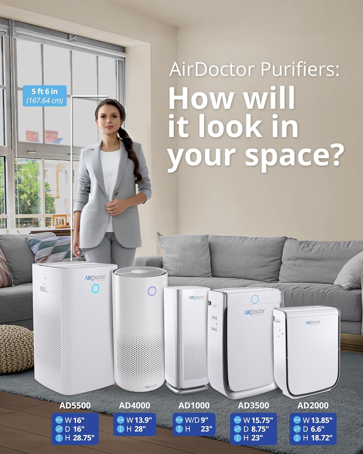 AIRDOCTOR AD3500 Air Purifier for Home and Large Rooms Up to 1260 sq. ft. 2x/hour | UltraHEPA, Carbon, VOC Filters and Air Quality Sensor. Captures Particles 100x Smaller Than HEPA