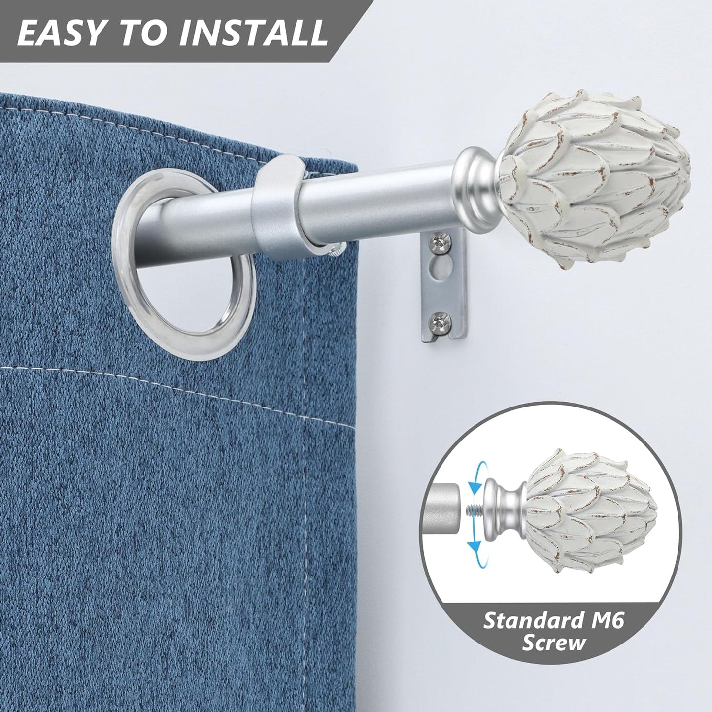 Curtain Rods for Windows 48 to 84 Inches 1 Inch Diameter Adjustable Drapery Rod Decorative Single Window Curtain Rods with Classic Finials,Silver