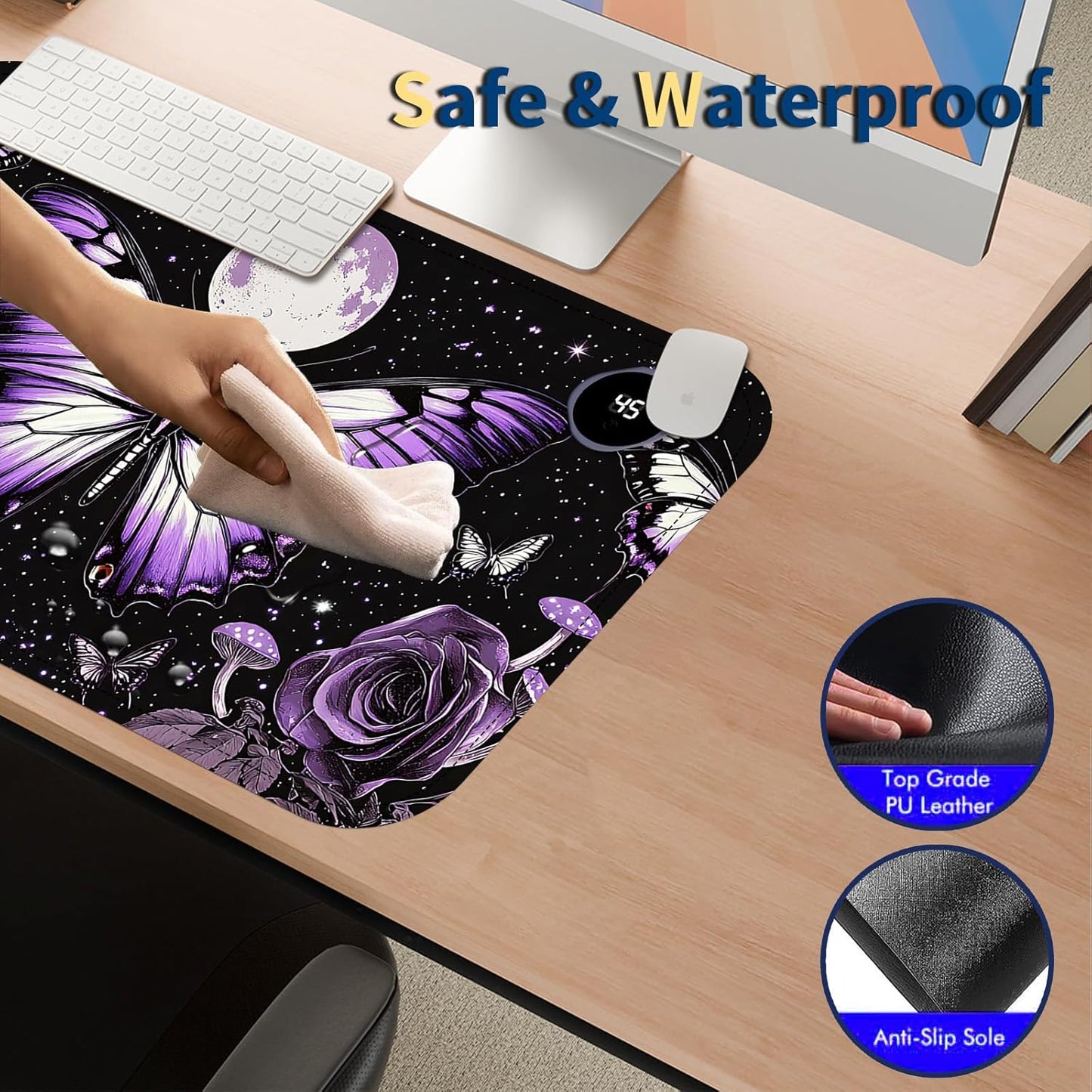 Heated Mouse Pad with 3 Temperature Settings(104°F–122°F),Large 24x14.2 Inch PU Leather Heated Desk Mat,Waterproof Warming Pad for Office,Gaming & Cold Hands Relief,Purple Butterfly Flower