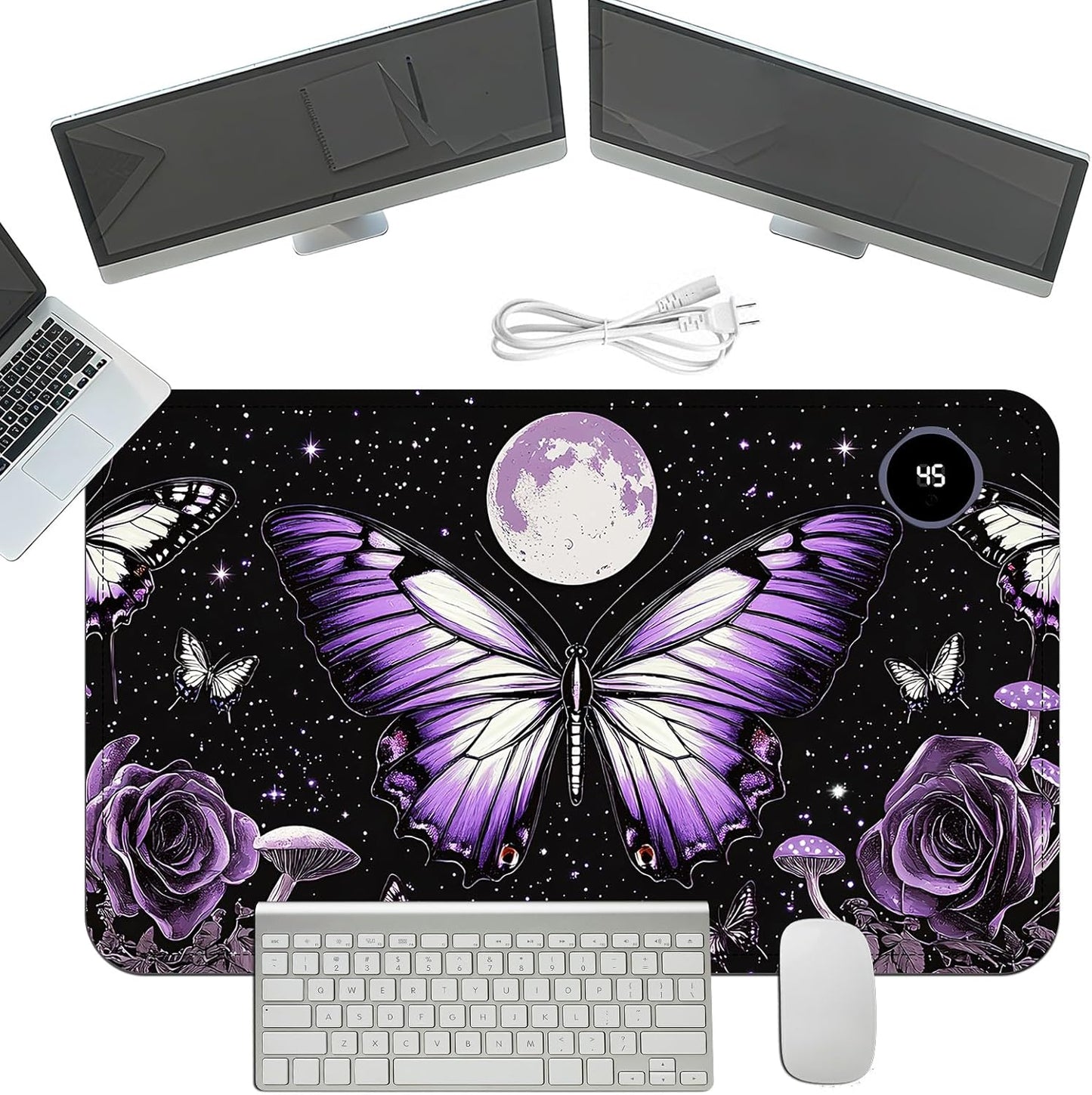 Heated Mouse Pad with 3 Temperature Settings(104°F–122°F),Large 24x14.2 Inch PU Leather Heated Desk Mat,Waterproof Warming Pad for Office,Gaming & Cold Hands Relief,Purple Butterfly Flower